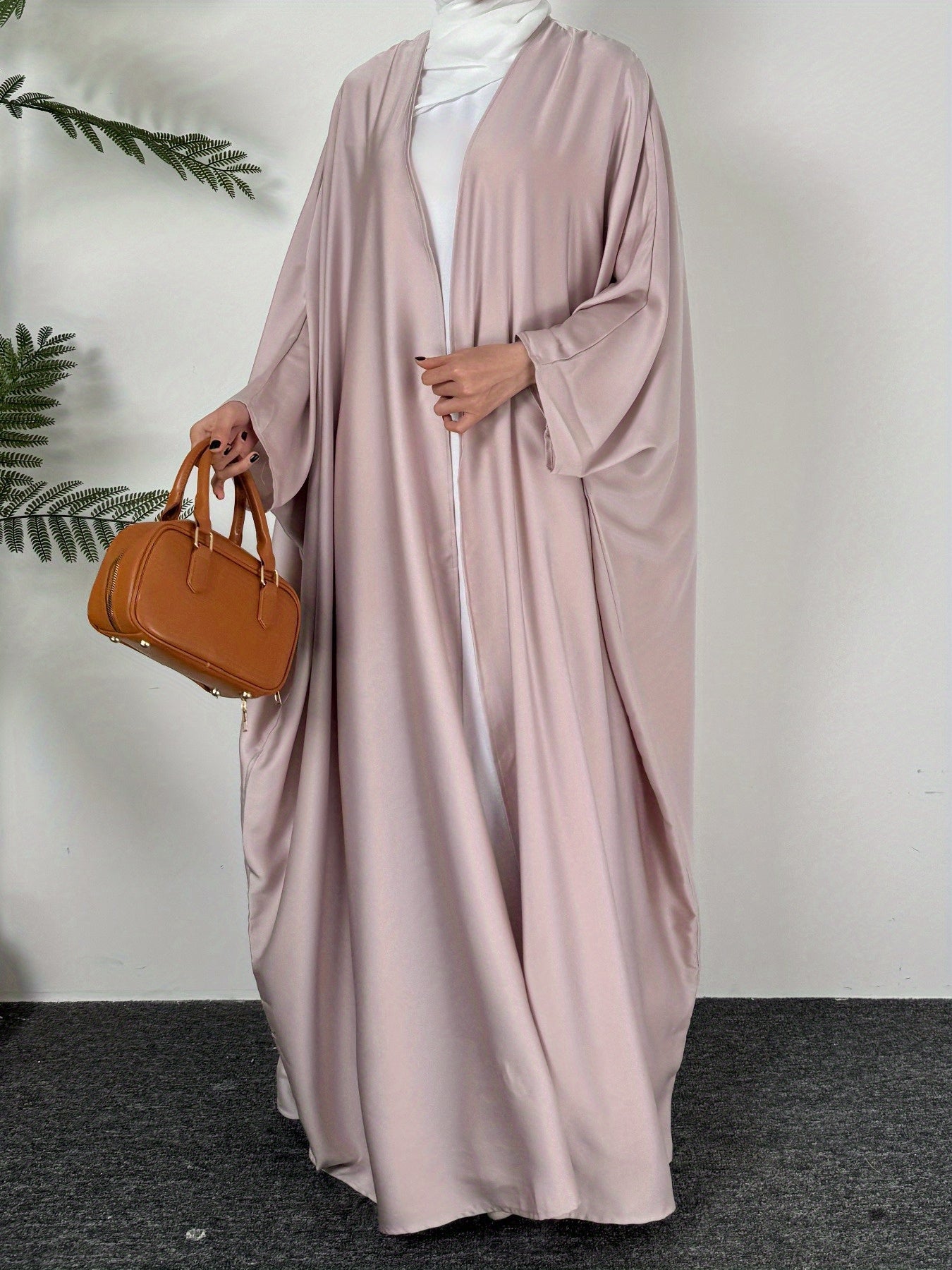Elegant Plus Size Long Batwing Sleeve Abaya - Loose Fit, Solid Color Polyester Kaftan Cardigan for Muslim Women, Middle Eastern, Arab