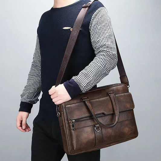 Vintage Genuine Leather Briefcases For Men 15 inch Laptop Bag Messenger Crossbody Shoulder Computer Satchel