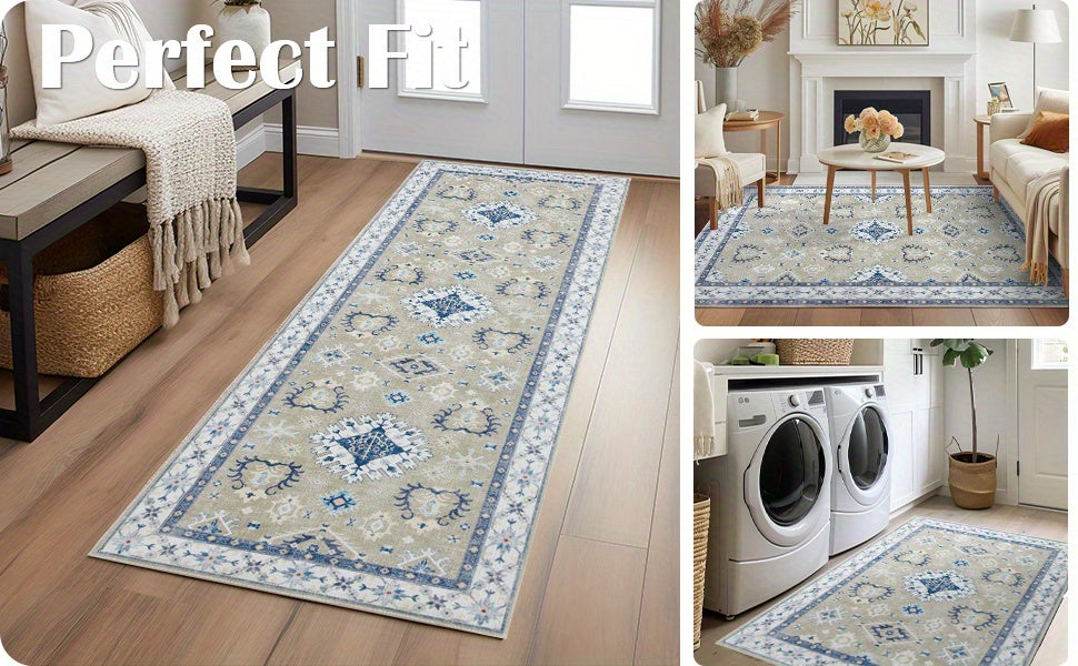 Boho-Chic Vintage Floral Area Rug - Non-Slip, Machine Washable Arabian Carpet, Low-Pile TPR & Polyester Blend, Perfect for Kitchen, Living Room, Bedroom, Dining Room