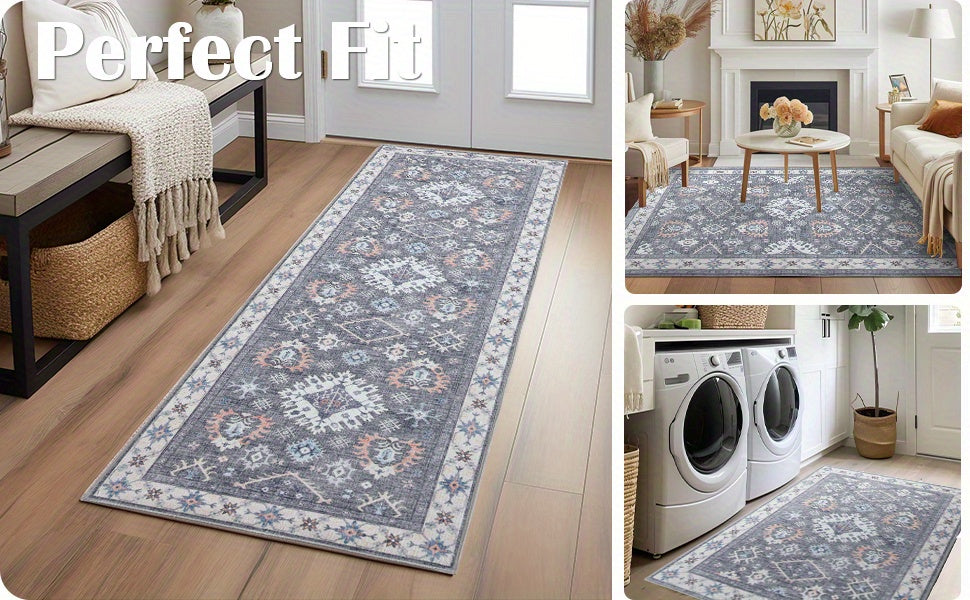 Boho-Chic Vintage Floral Area Rug - Non-Slip, Machine Washable Arabian Carpet, Low-Pile TPR & Polyester Blend, Perfect for Kitchen, Living Room, Bedroom, Dining Room