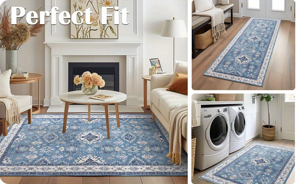 Boho-Chic Vintage Floral Area Rug - Non-Slip, Machine Washable Arabian Carpet, Low-Pile TPR & Polyester Blend, Perfect for Kitchen, Living Room, Bedroom, Dining Room