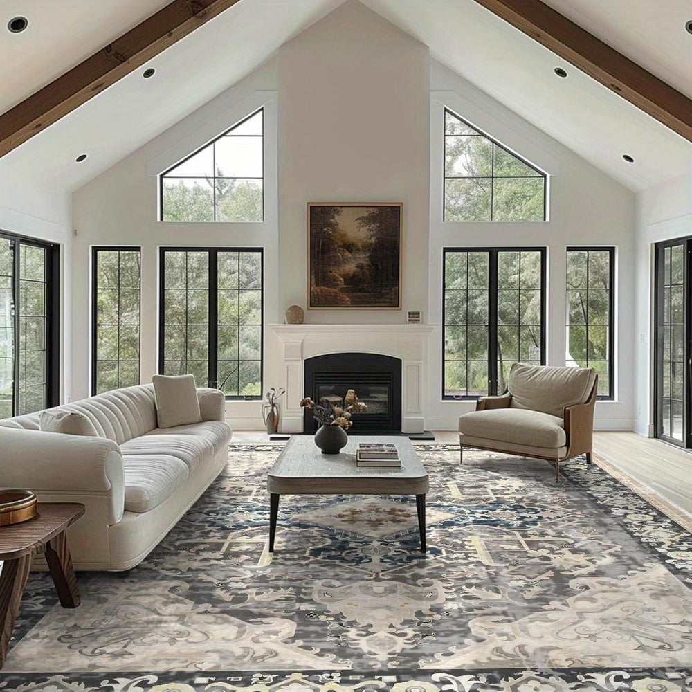 Vintage Bohemian Taupe Area Mat - Washable, Non-Slip, Polyester Mat with Intricate, Bedroom Area Mat | Floral Pattern Carpet | Durable Floor Covering, Living Room Rugs
