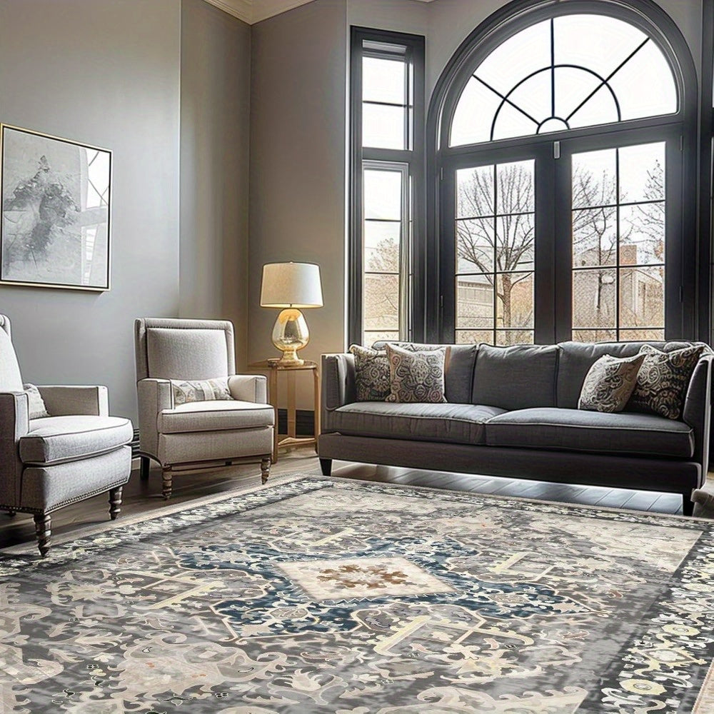 Vintage Bohemian Taupe Area Mat - Washable, Non-Slip, Polyester Mat with Intricate, Bedroom Area Mat | Floral Pattern Carpet | Durable Floor Covering, Living Room Rugs