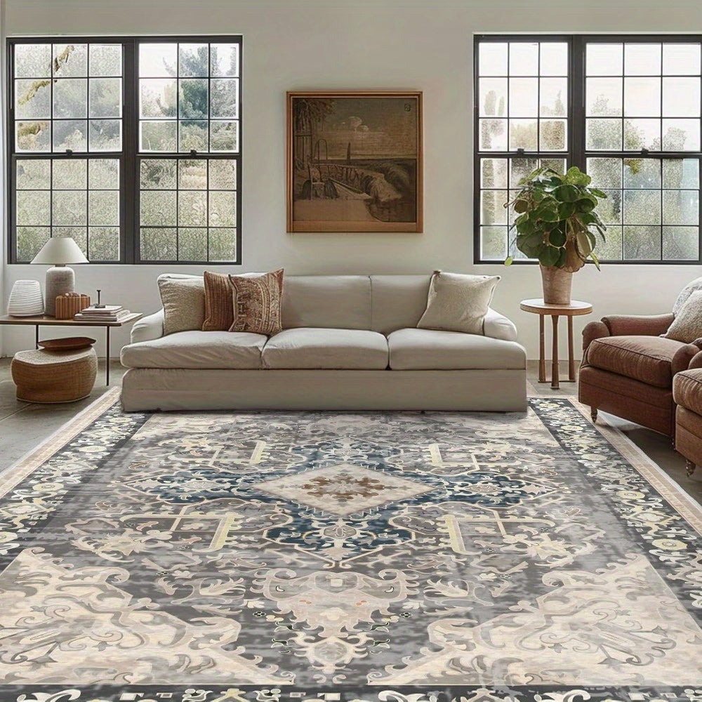 Vintage Bohemian Taupe Area Mat - Washable, Non-Slip, Polyester Mat with Intricate, Bedroom Area Mat | Floral Pattern Carpet | Durable Floor Covering, Living Room Rugs