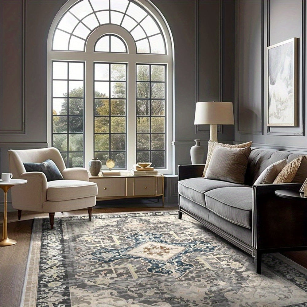Vintage Bohemian Taupe Area Mat - Washable, Non-Slip, Polyester Mat with Intricate, Bedroom Area Mat | Floral Pattern Carpet | Durable Floor Covering, Living Room Rugs