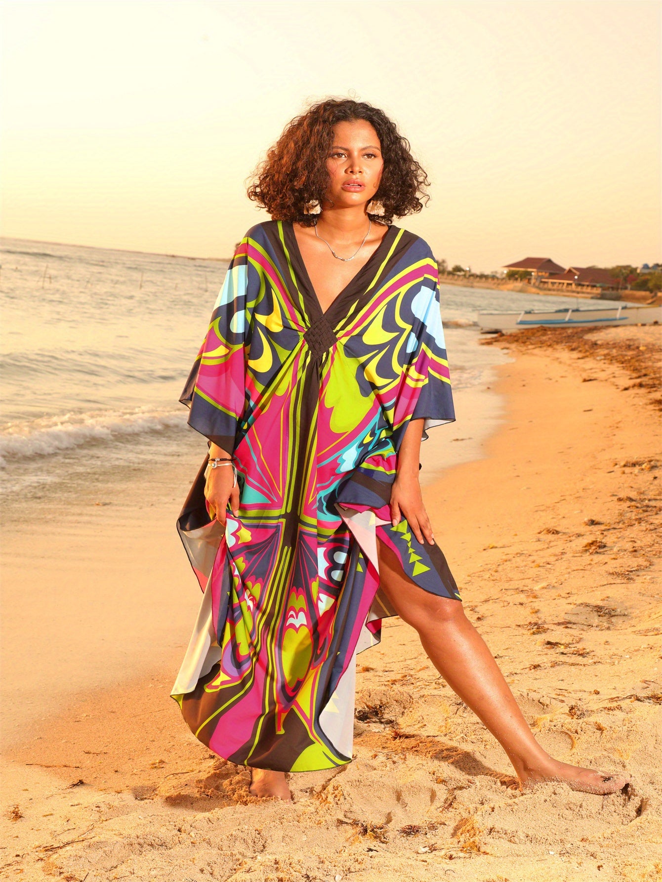 Women's Black Pink Butterfly Printed Kaftan Dress Four Side Stretch V Neck Beach Cover Up Batwing Sleeve Robe Casual Home Holiday Plus Size Swimwear Cover Up Ethnic Style Dresses