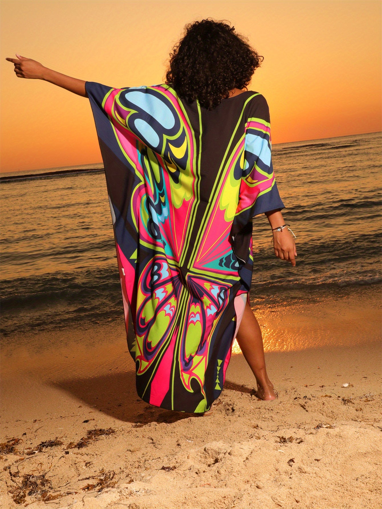 Women's Black Pink Butterfly Printed Kaftan Dress Four Side Stretch V Neck Beach Cover Up Batwing Sleeve Robe Casual Home Holiday Plus Size Swimwear Cover Up Ethnic Style Dresses