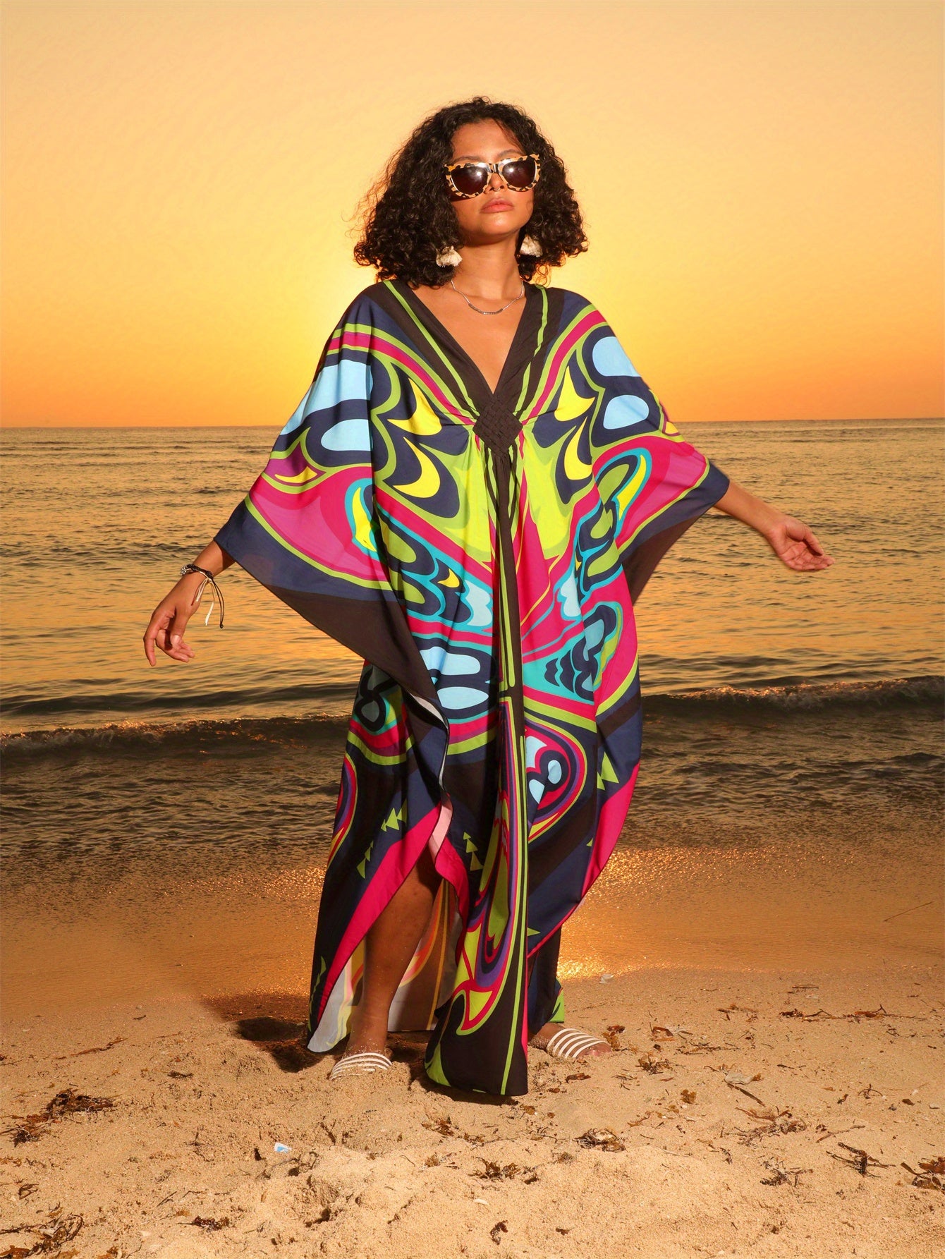 Women's Black Pink Butterfly Printed Kaftan Dress Four Side Stretch V Neck Beach Cover Up Batwing Sleeve Robe Casual Home Holiday Plus Size Swimwear Cover Up Ethnic Style Dresses