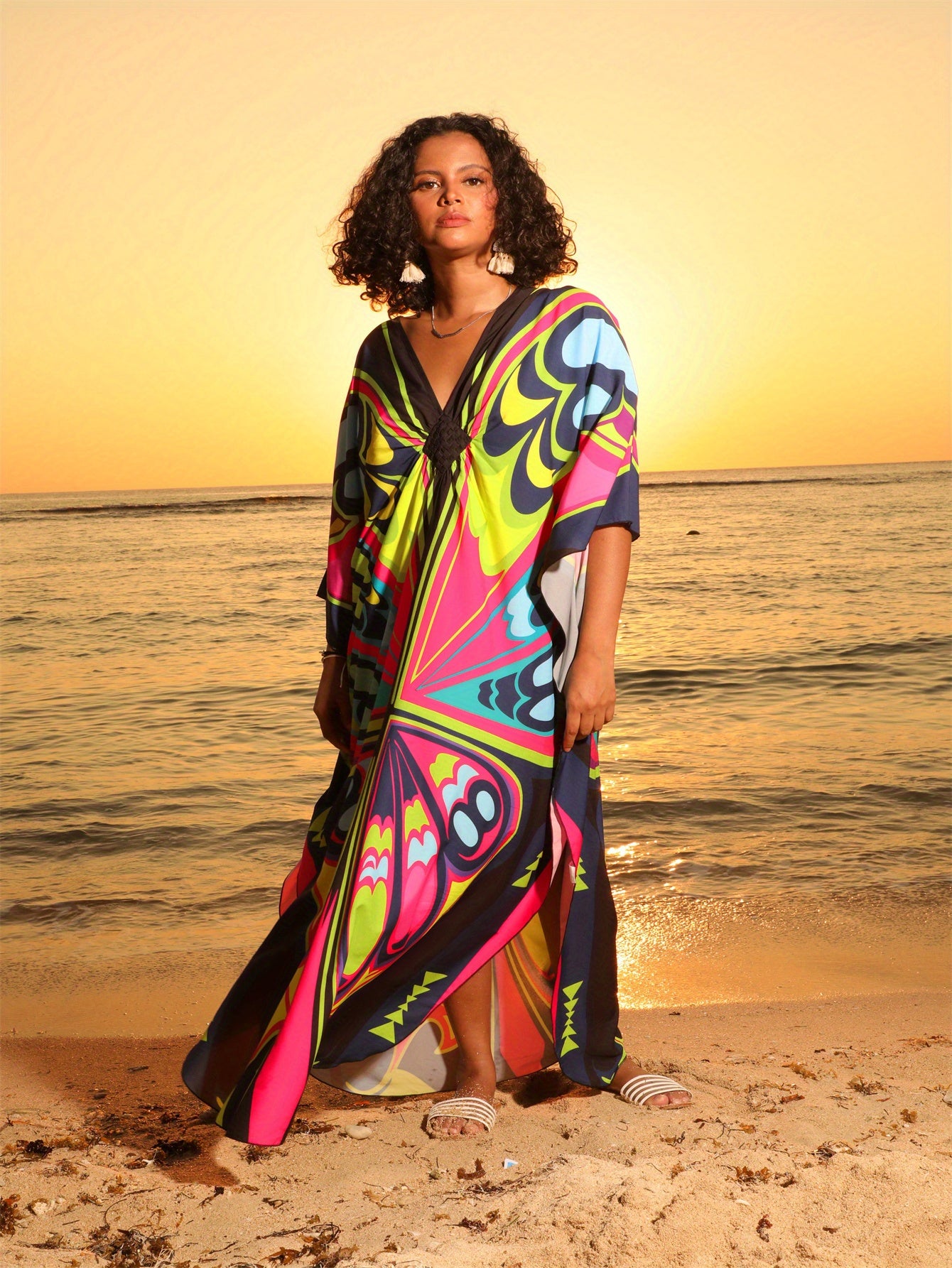 Women's Black Pink Butterfly Printed Kaftan Dress Four Side Stretch V Neck Beach Cover Up Batwing Sleeve Robe Casual Home Holiday Plus Size Swimwear Cover Up Ethnic Style Dresses