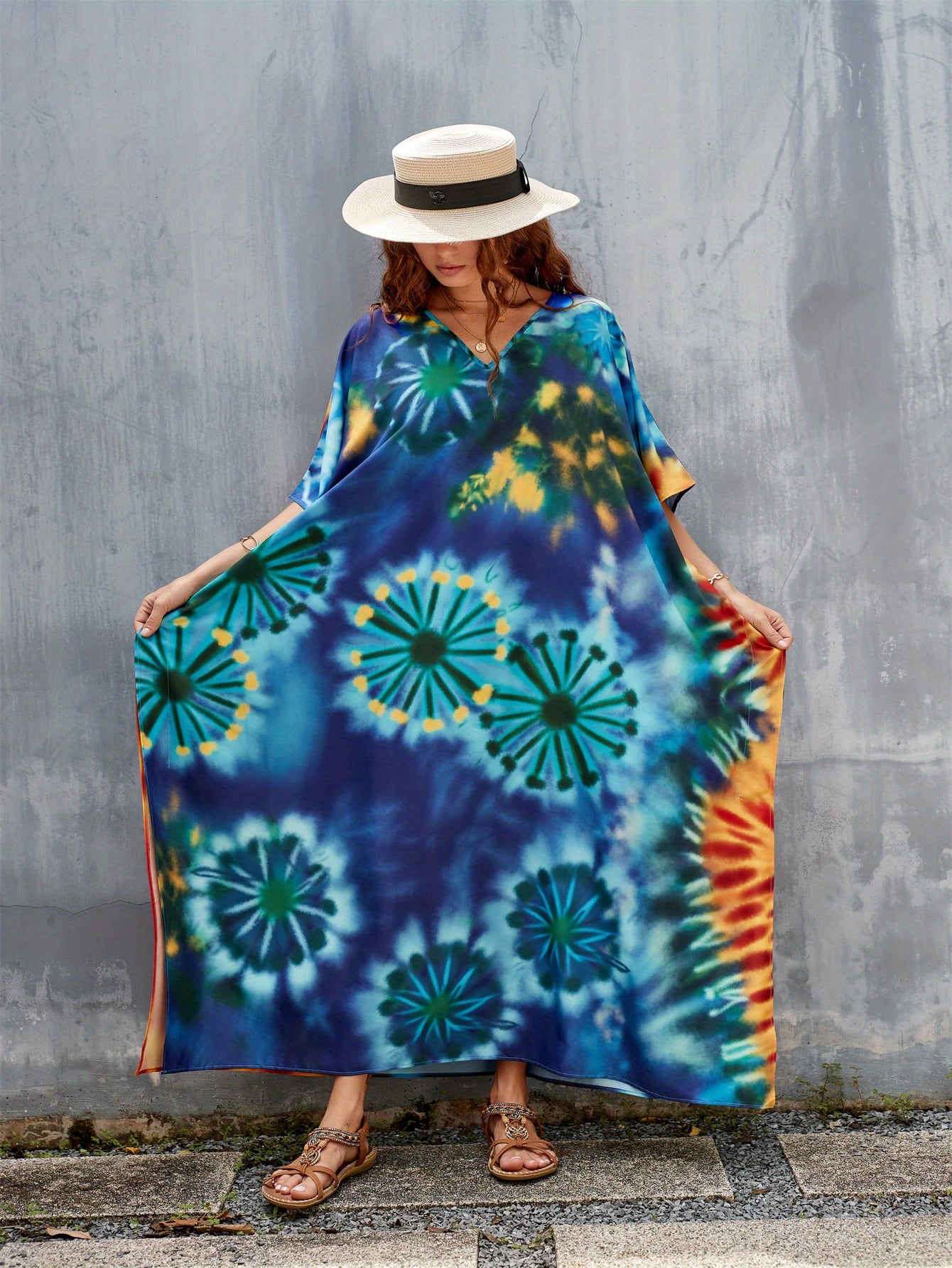 Women's Kaftan Dress Bohemian Printed Four Side Stretch V Neck Beach Cover Up Bat Sleeve Kaftan Robe Casual Home Holiday Plus Size Swimwear Cover Up Ethnic Dresses