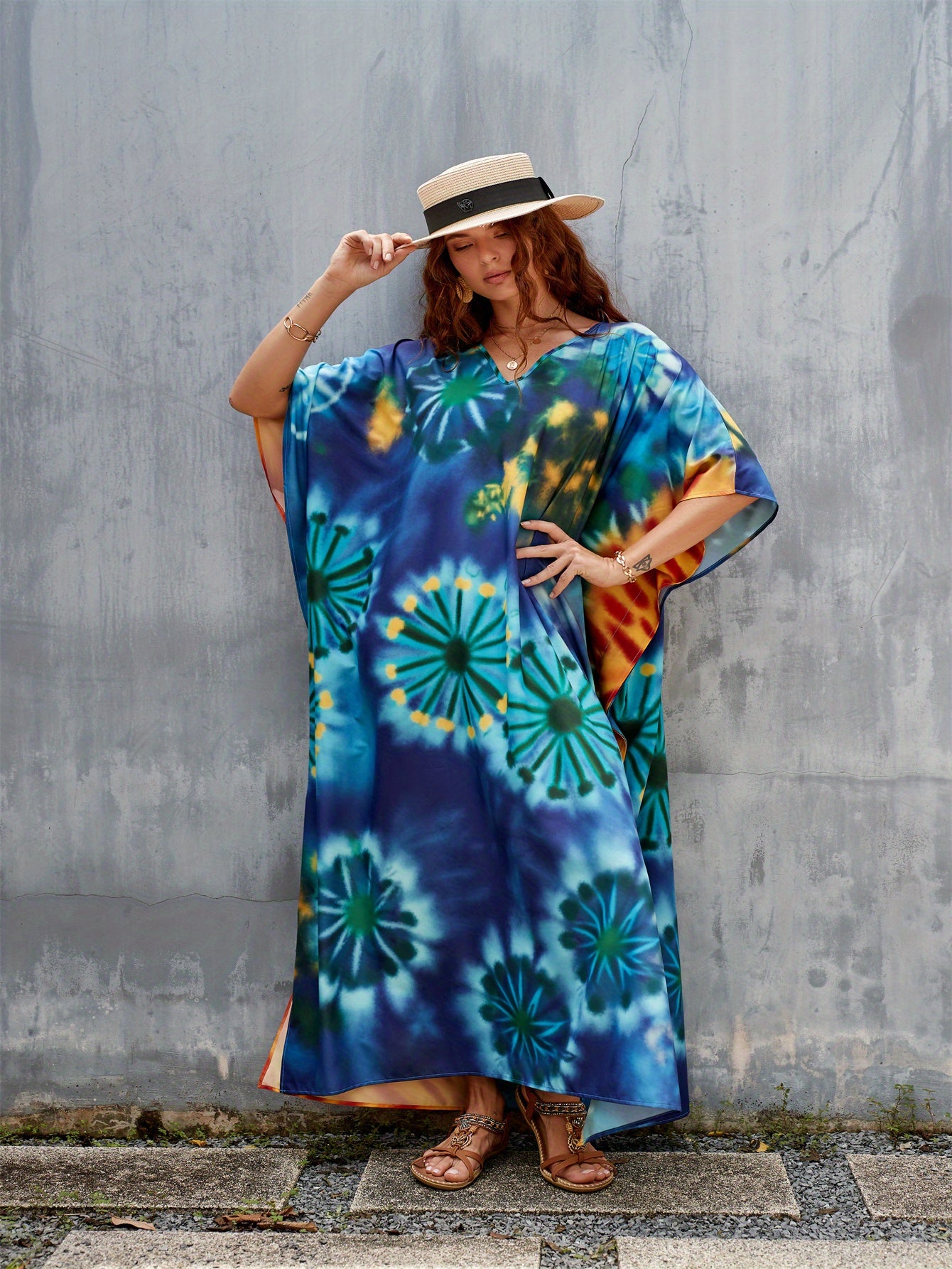 Women's Kaftan Dress Bohemian Printed Four Side Stretch V Neck Beach Cover Up Bat Sleeve Kaftan Robe Casual Home Holiday Plus Size Swimwear Cover Up Ethnic Dresses