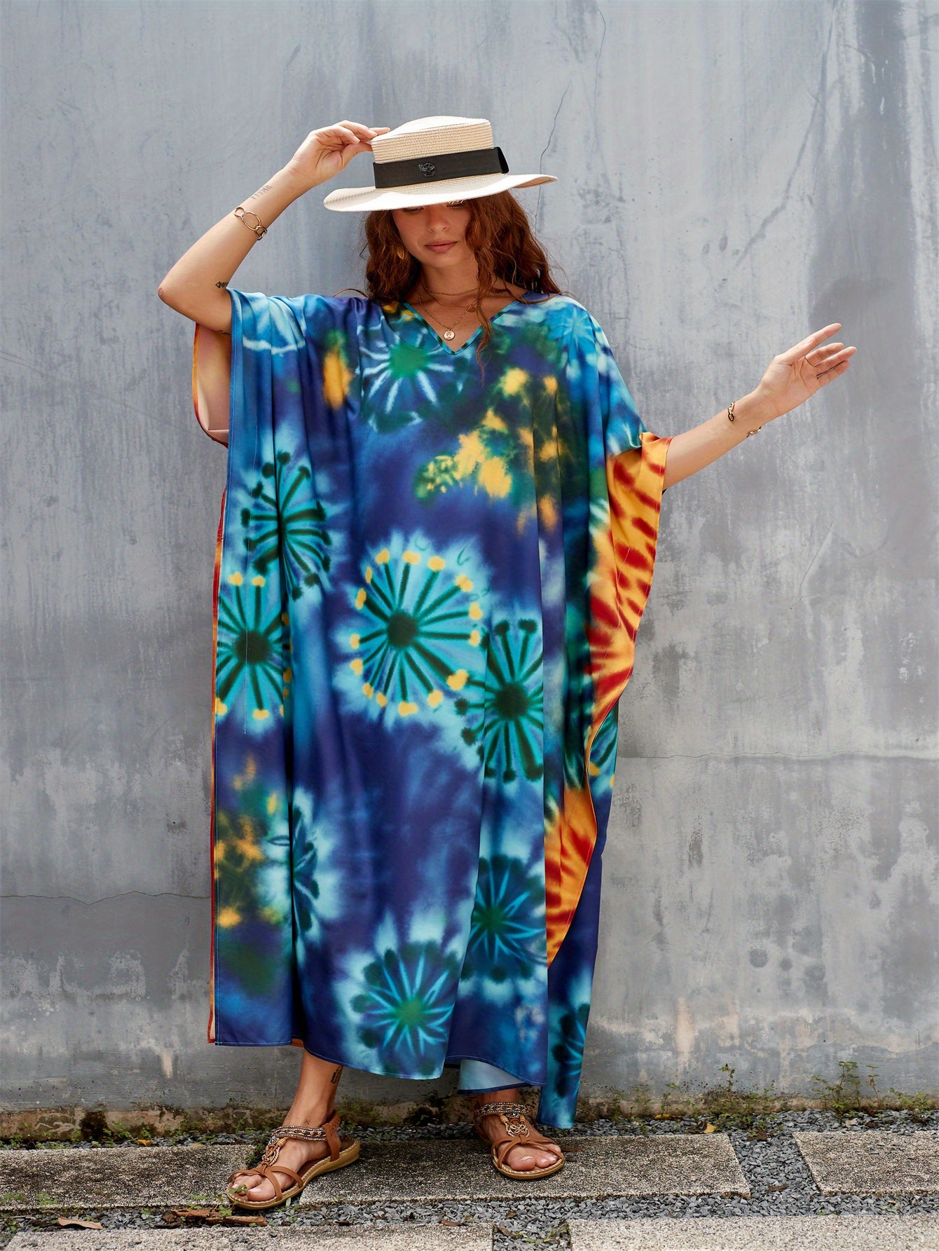 Women's Kaftan Dress Bohemian Printed Four Side Stretch V Neck Beach Cover Up Bat Sleeve Kaftan Robe Casual Home Holiday Plus Size Swimwear Cover Up Ethnic Dresses