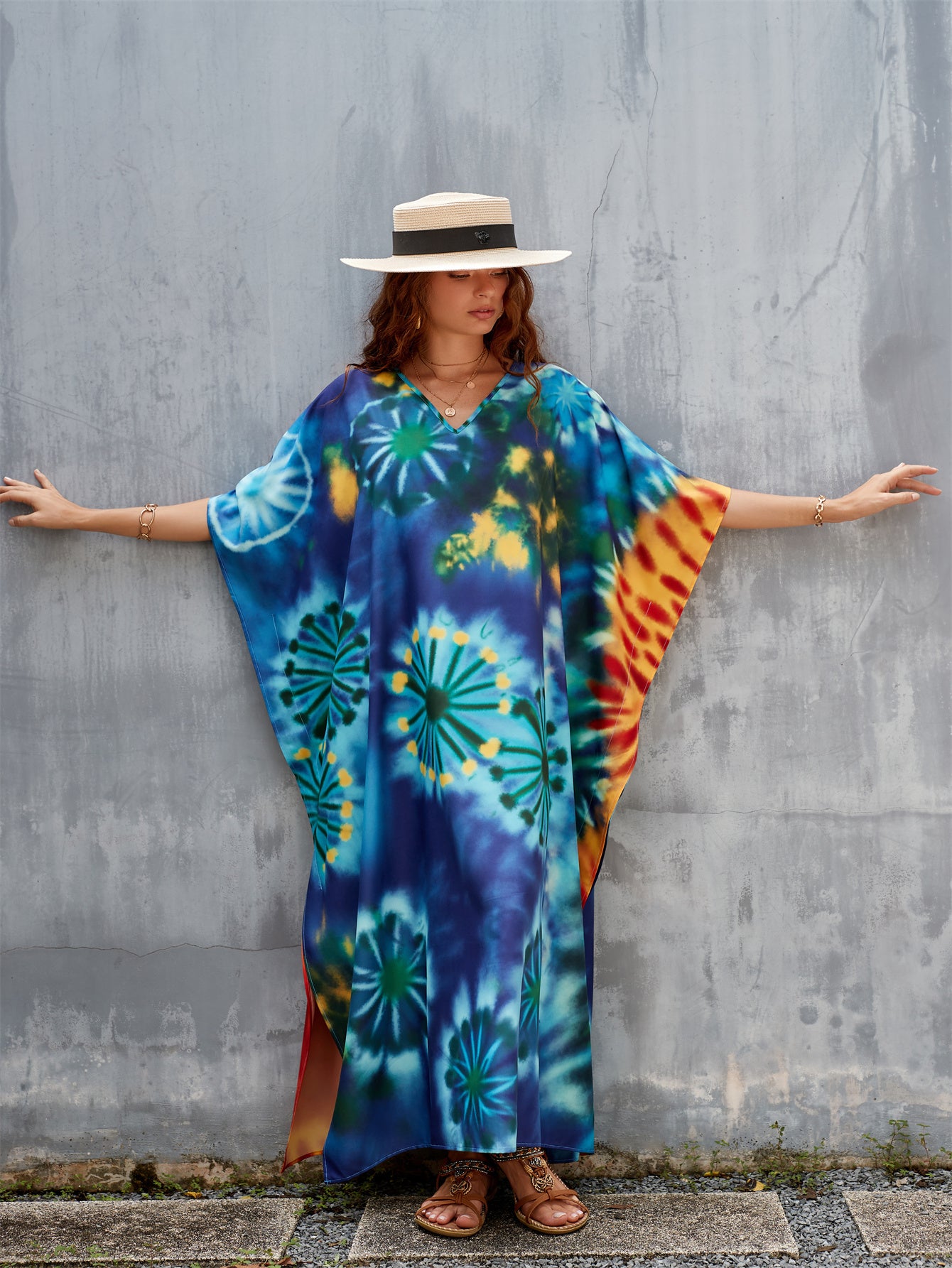 Women's Kaftan Dress Bohemian Printed Four Side Stretch V Neck Beach Cover Up Bat Sleeve Kaftan Robe Casual Home Holiday Plus Size Swimwear Cover Up Ethnic Dresses