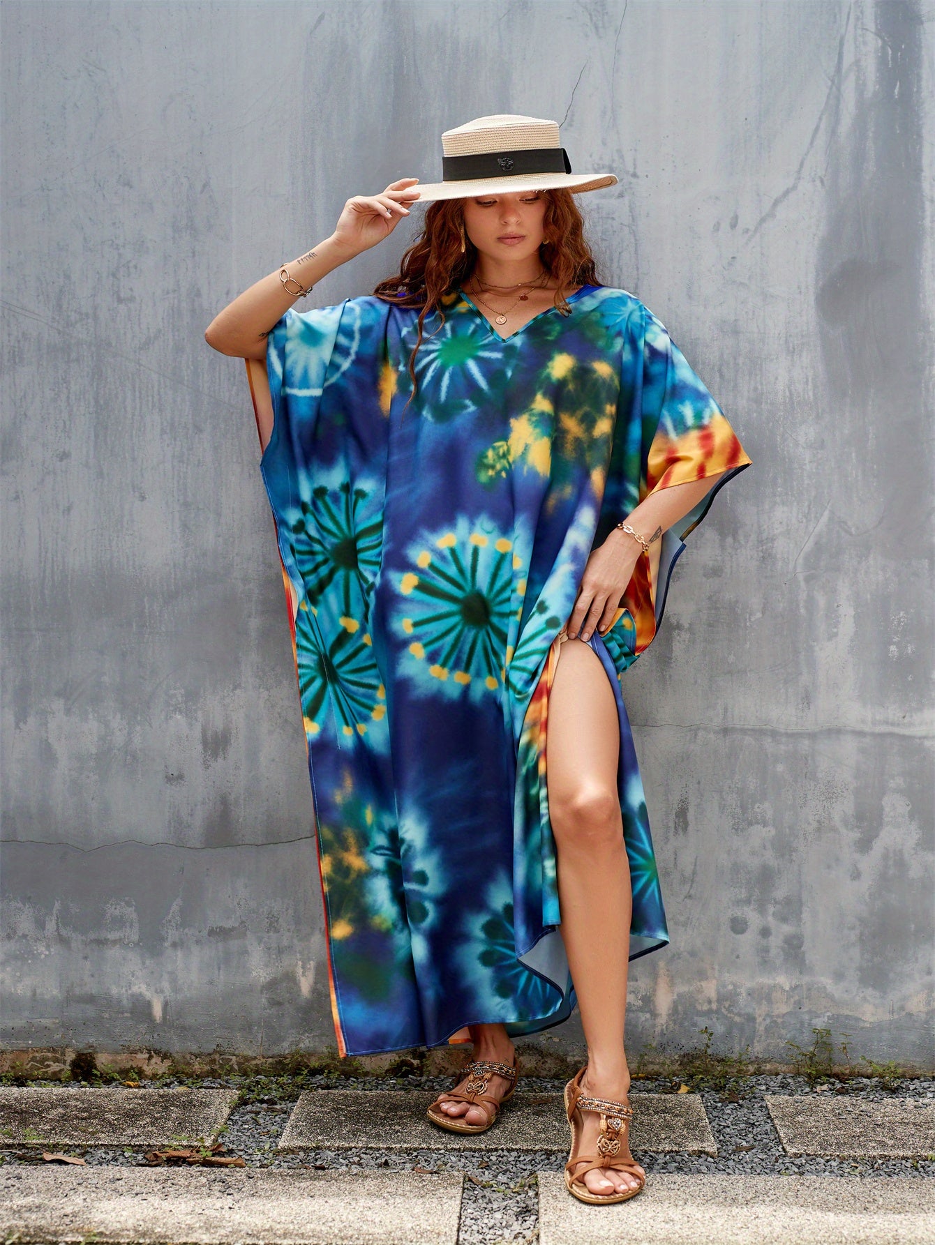 Women's Kaftan Dress Bohemian Printed Four Side Stretch V Neck Beach Cover Up Bat Sleeve Kaftan Robe Casual Home Holiday Plus Size Swimwear Cover Up Ethnic Dresses