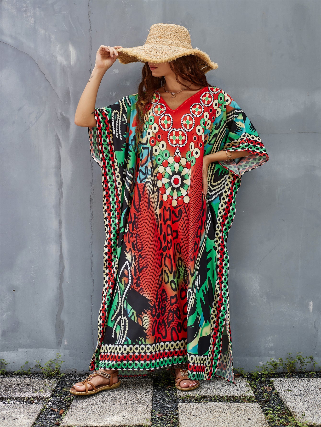 Women's Plus Size Floral Print Kaftan Dress - V-Neck, Batwing Sleeve, Loose Fit Beach Cover-Up & Casual Wear, Vibrant Red, Blue, Black, White & Green Patterns, Lightweight Polyester, Perfect for Spring/Summer/Fall