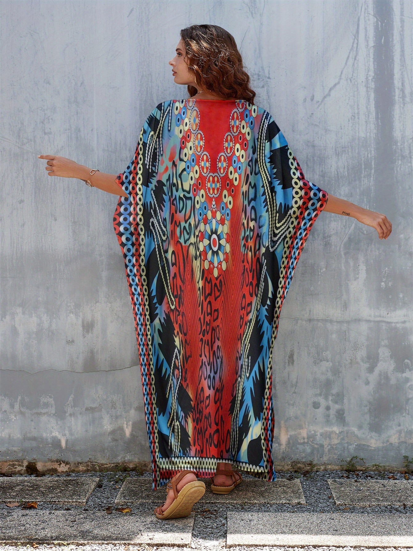 Women's Plus Size Floral Print Kaftan Dress - V-Neck, Batwing Sleeve, Loose Fit Beach Cover-Up & Casual Wear, Vibrant Red, Blue, Black, White & Green Patterns, Lightweight Polyester, Perfect for Spring/Summer/Fall