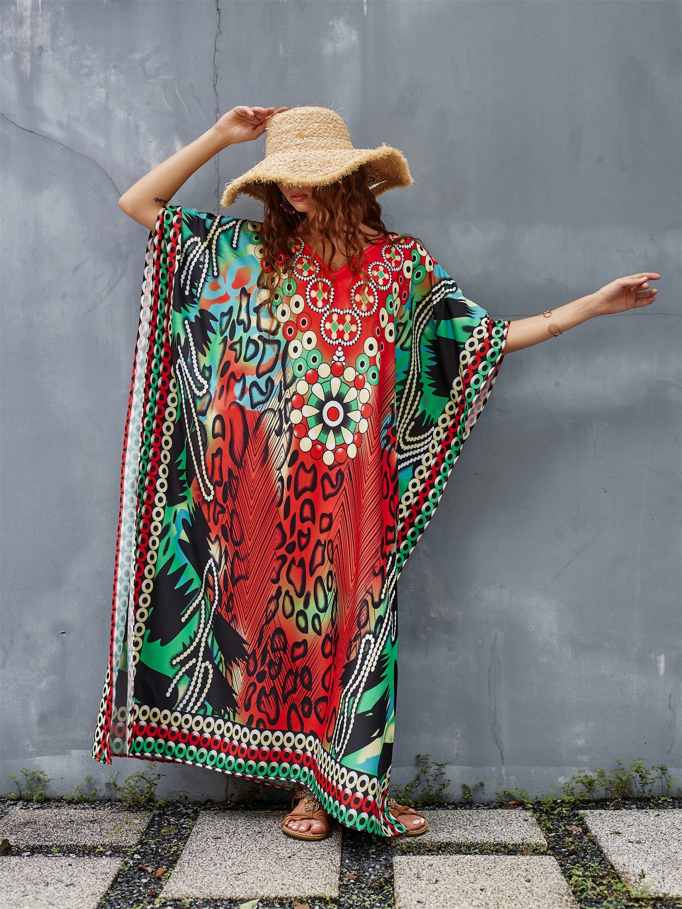 Women's Plus Size Floral Print Kaftan Dress - V-Neck, Batwing Sleeve, Loose Fit Beach Cover-Up & Casual Wear, Vibrant Red, Blue, Black, White & Green Patterns, Lightweight Polyester, Perfect for Spring/Summer/Fall