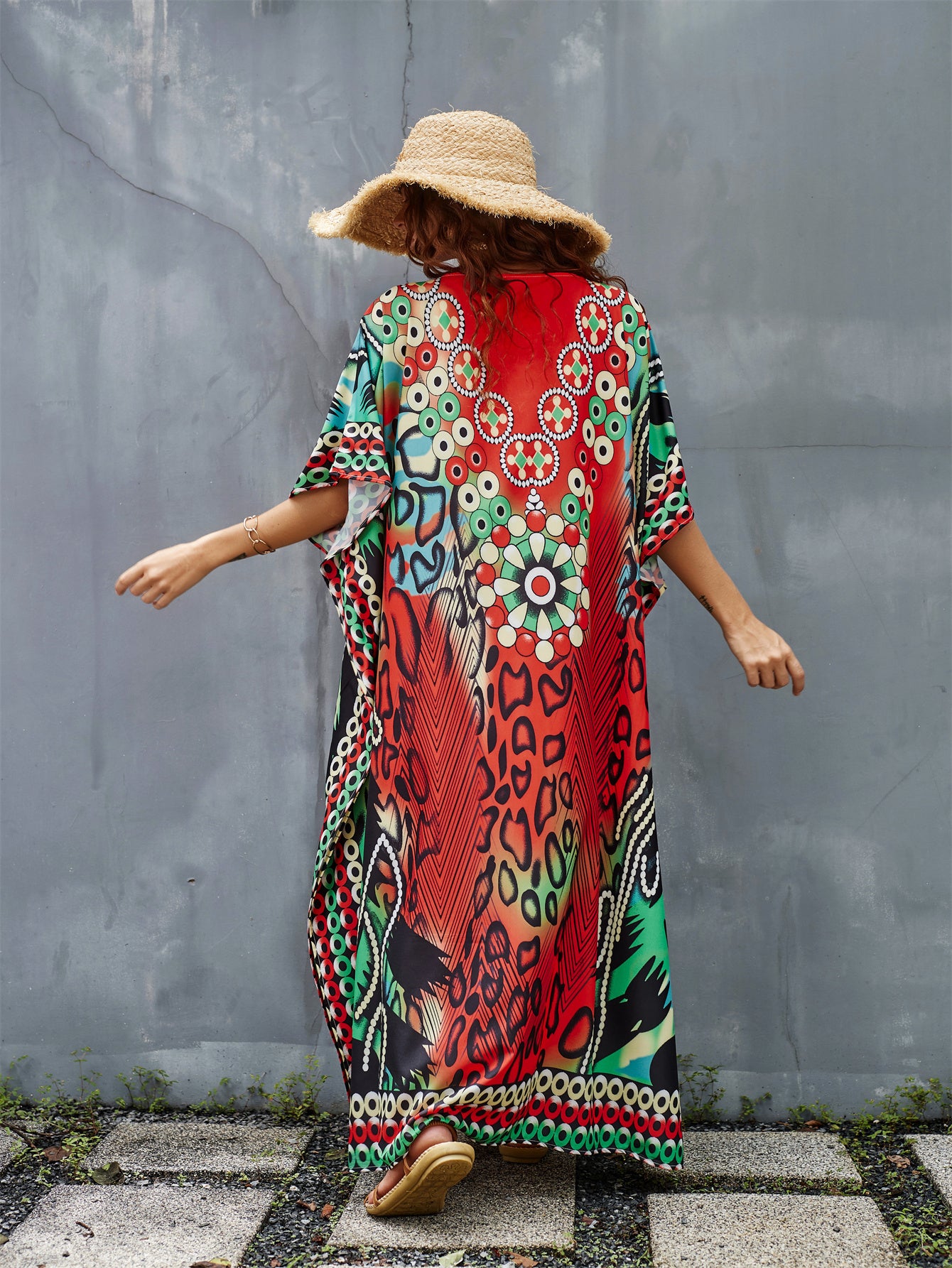 Women's Plus Size Floral Print Kaftan Dress - V-Neck, Batwing Sleeve, Loose Fit Beach Cover-Up & Casual Wear, Vibrant Red, Blue, Black, White & Green Patterns, Lightweight Polyester, Perfect for Spring/Summer/Fall