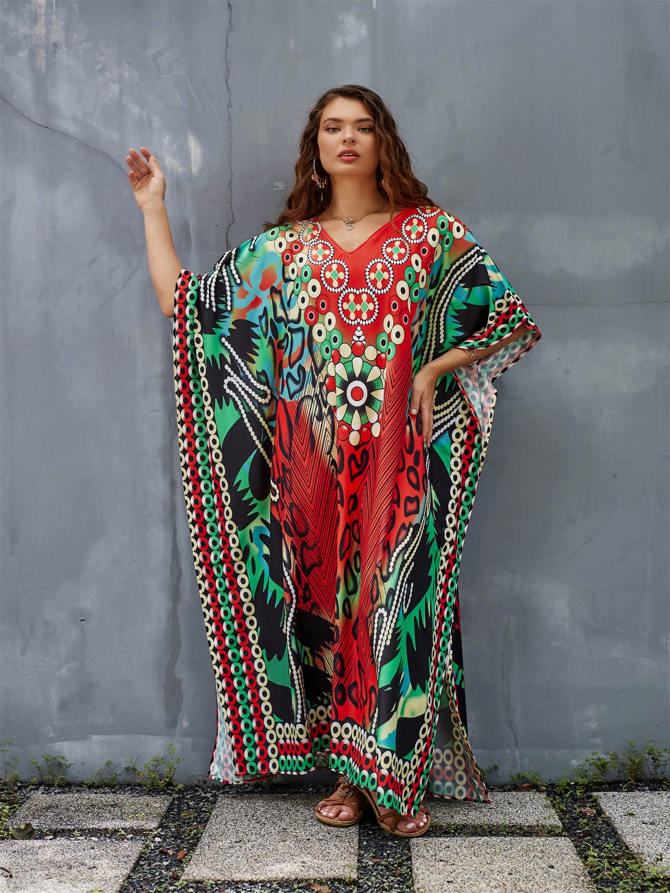 Women's Plus Size Floral Print Kaftan Dress - V-Neck, Batwing Sleeve, Loose Fit Beach Cover-Up & Casual Wear, Vibrant Red, Blue, Black, White & Green Patterns, Lightweight Polyester, Perfect for Spring/Summer/Fall