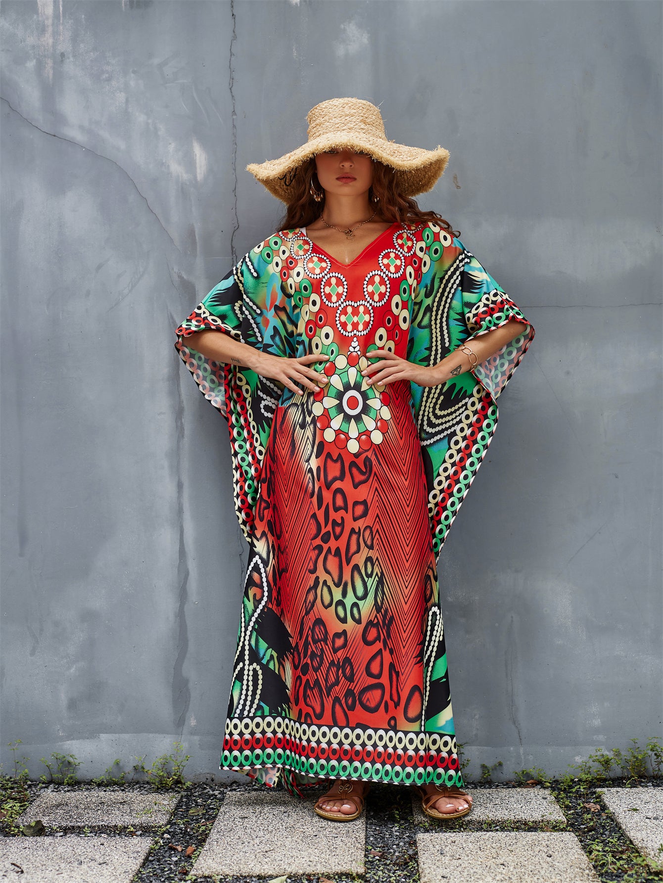 Women's Plus Size Floral Print Kaftan Dress - V-Neck, Batwing Sleeve, Loose Fit Beach Cover-Up & Casual Wear, Vibrant Red, Blue, Black, White & Green Patterns, Lightweight Polyester, Perfect for Spring/Summer/Fall