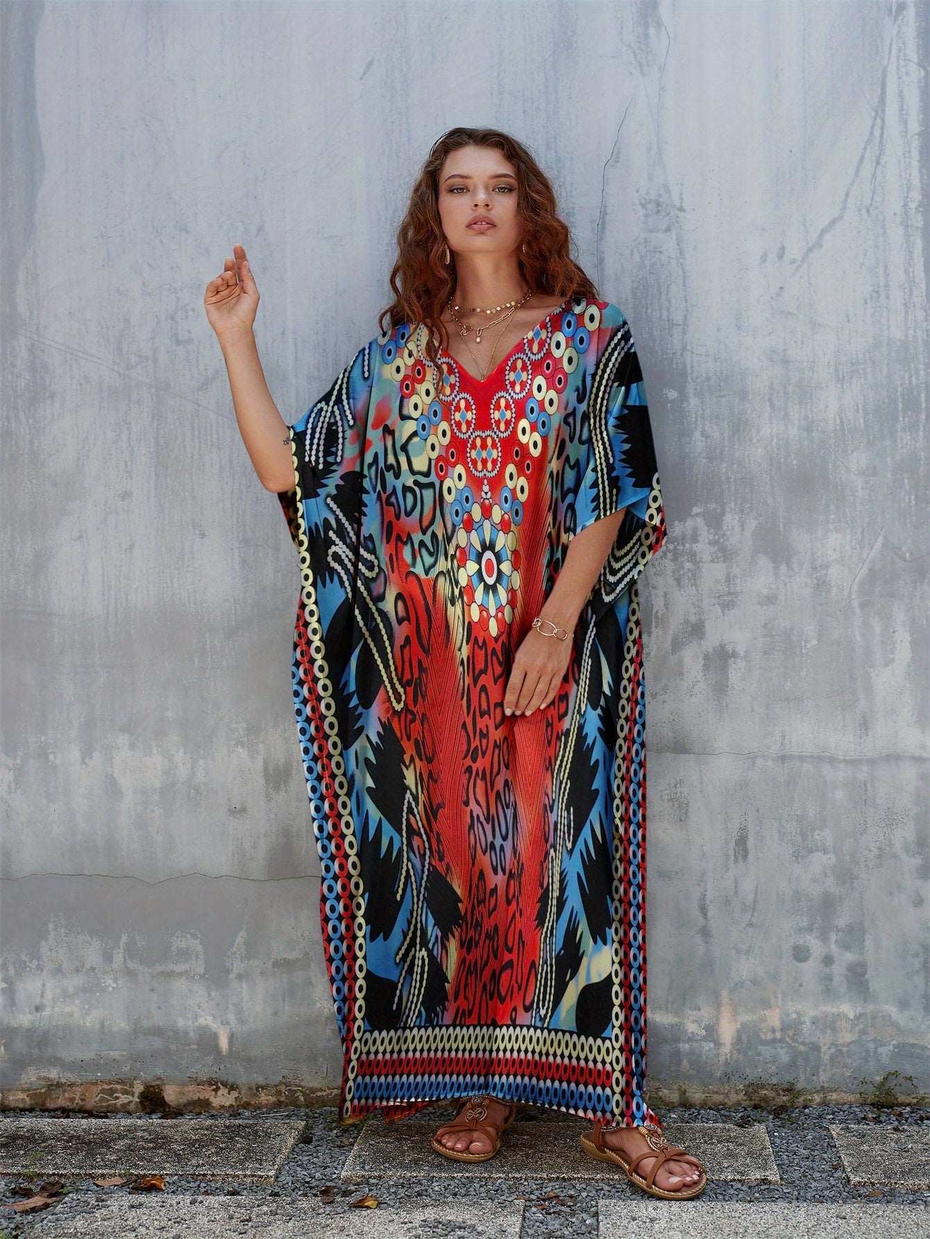 Women's Plus Size Floral Print Kaftan Dress - V-Neck, Batwing Sleeve, Loose Fit Beach Cover-Up & Casual Wear, Vibrant Red, Blue, Black, White & Green Patterns, Lightweight Polyester, Perfect for Spring/Summer/Fall