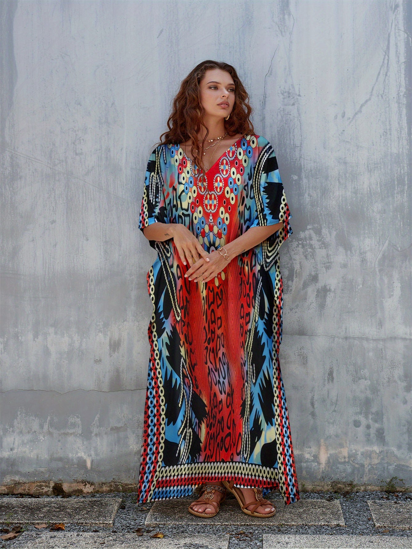Women's Plus Size Floral Print Kaftan Dress - V-Neck, Batwing Sleeve, Loose Fit Beach Cover-Up & Casual Wear, Vibrant Red, Blue, Black, White & Green Patterns, Lightweight Polyester, Perfect for Spring/Summer/Fall
