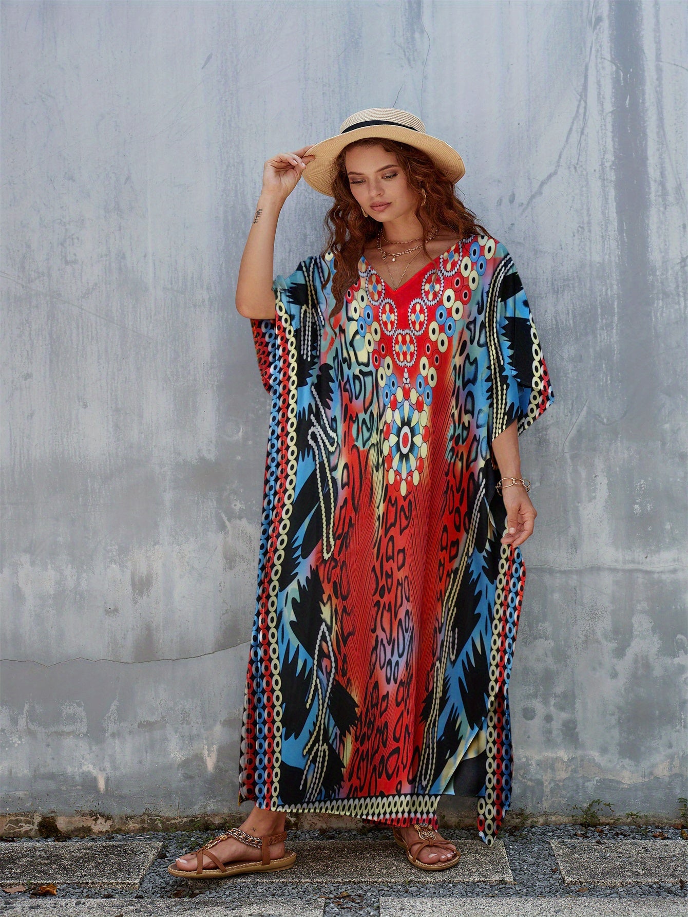 Women's Plus Size Floral Print Kaftan Dress - V-Neck, Batwing Sleeve, Loose Fit Beach Cover-Up & Casual Wear, Vibrant Red, Blue, Black, White & Green Patterns, Lightweight Polyester, Perfect for Spring/Summer/Fall