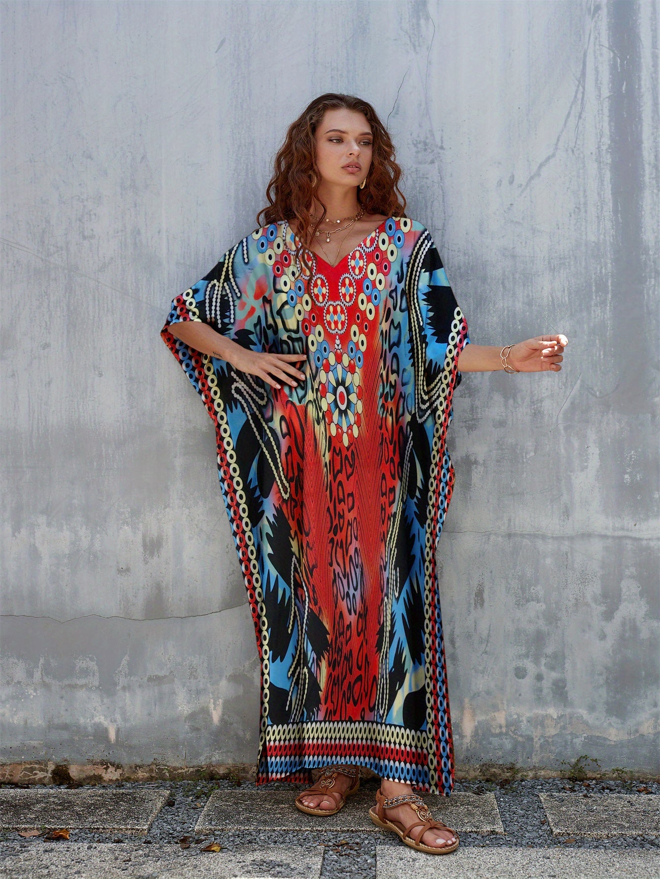 Women's Plus Size Floral Print Kaftan Dress - V-Neck, Batwing Sleeve, Loose Fit Beach Cover-Up & Casual Wear, Vibrant Red, Blue, Black, White & Green Patterns, Lightweight Polyester, Perfect for Spring/Summer/Fall