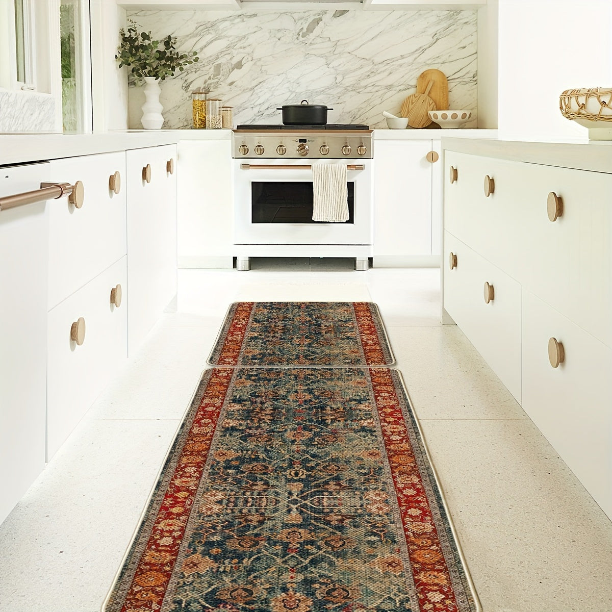 Red Floral Vintage Bohemia Kitchen Mats Set Of 1, Daily Boho Home Decor Low-Profile Kitchen Rugs for Floor