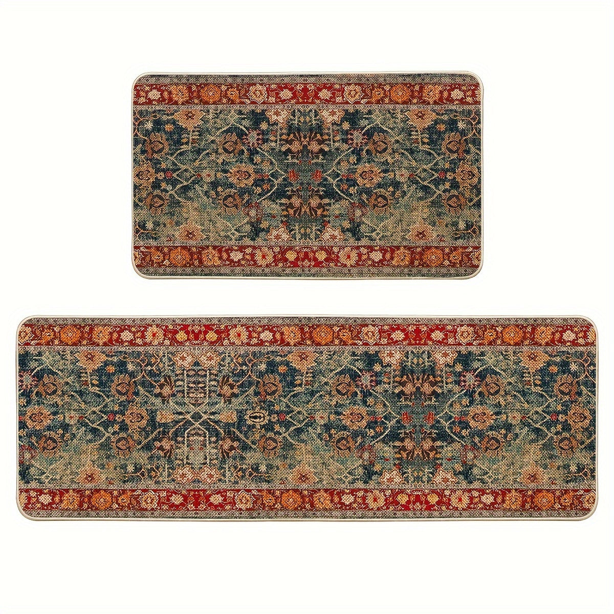 Red Floral Vintage Bohemia Kitchen Mats Set Of 1, Daily Boho Home Decor Low-Profile Kitchen Rugs for Floor