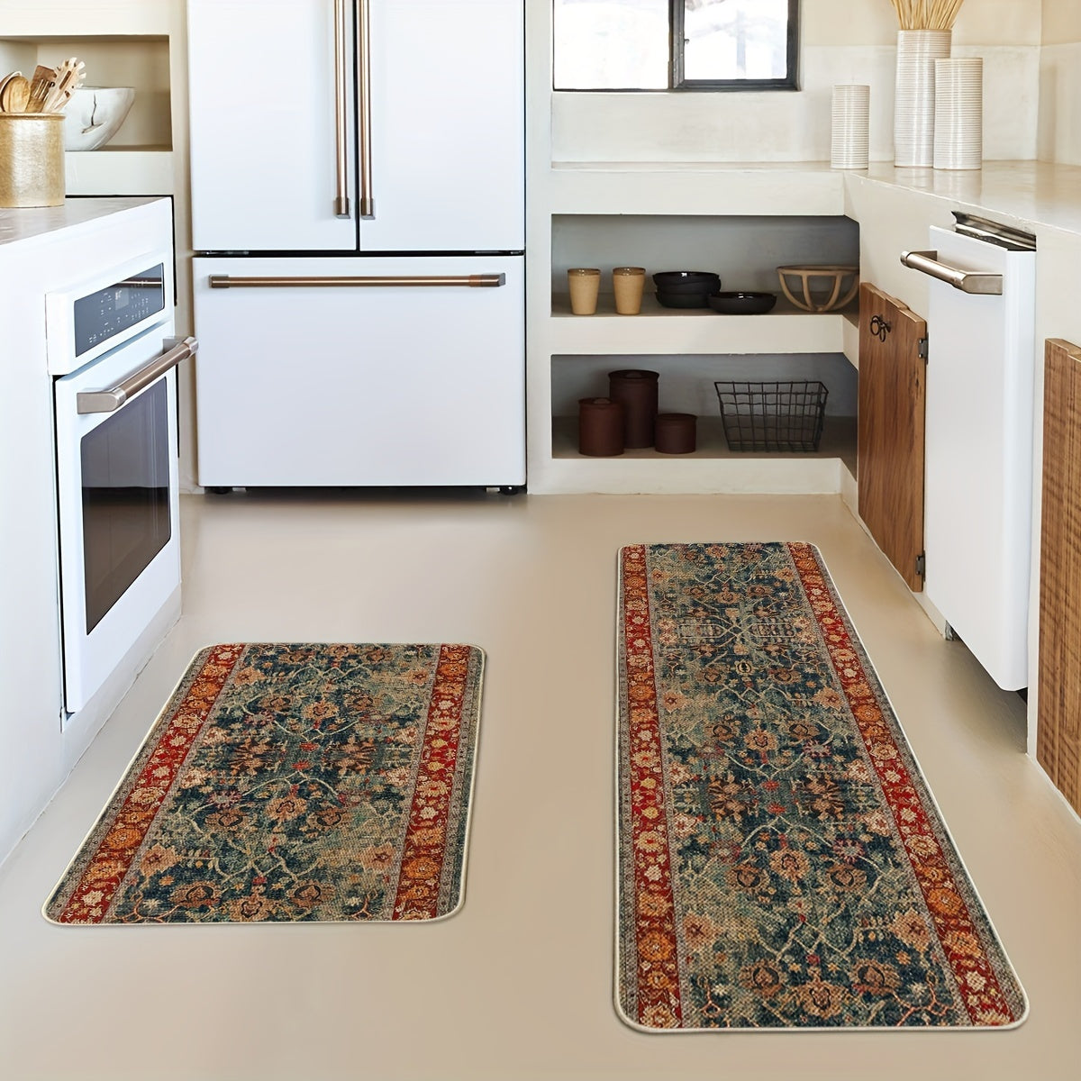 Red Floral Vintage Bohemia Kitchen Mats Set Of 1, Daily Boho Home Decor Low-Profile Kitchen Rugs for Floor