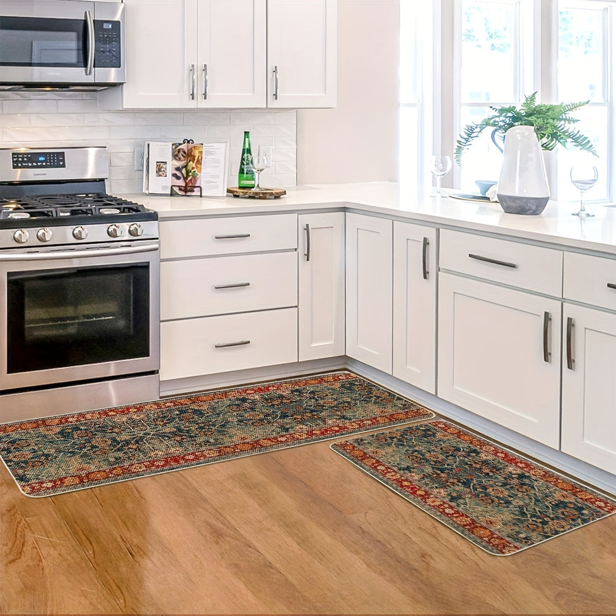 Red Floral Vintage Bohemia Kitchen Mats Set Of 1, Daily Boho Home Decor Low-Profile Kitchen Rugs for Floor