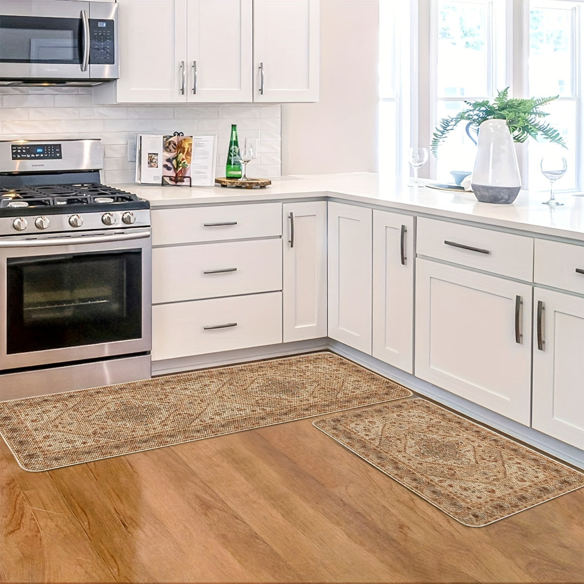 Red Floral Vintage Bohemia Kitchen Mats Set Of 1, Daily Boho Home Decor Low-Profile Kitchen Rugs for Floor