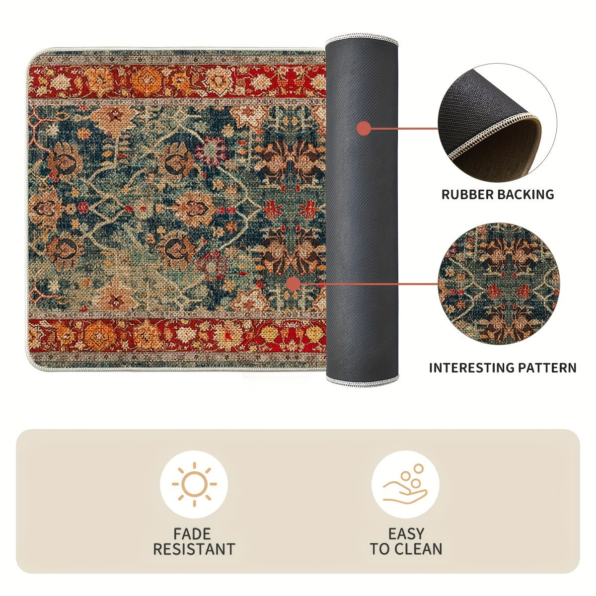 Red Floral Vintage Bohemia Kitchen Mats Set Of 1, Daily Boho Home Decor Low-Profile Kitchen Rugs for Floor