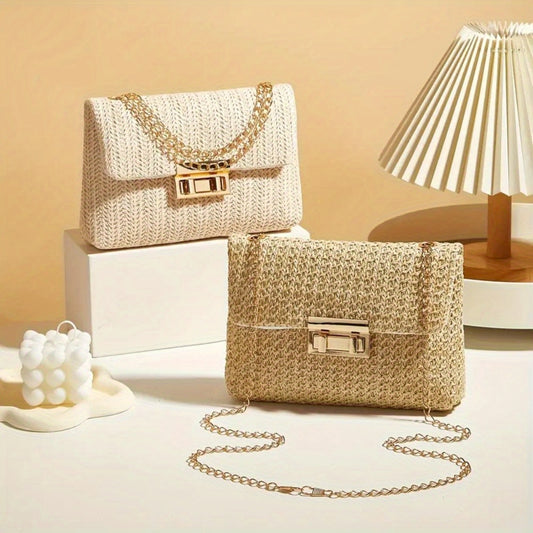Elegant Women's Woven Messenger Bag-chic Beige Fabric with Turnlock Closure, Chain Shoulder Strap, Refined Floral Detail, Small Size Crossbody Bag