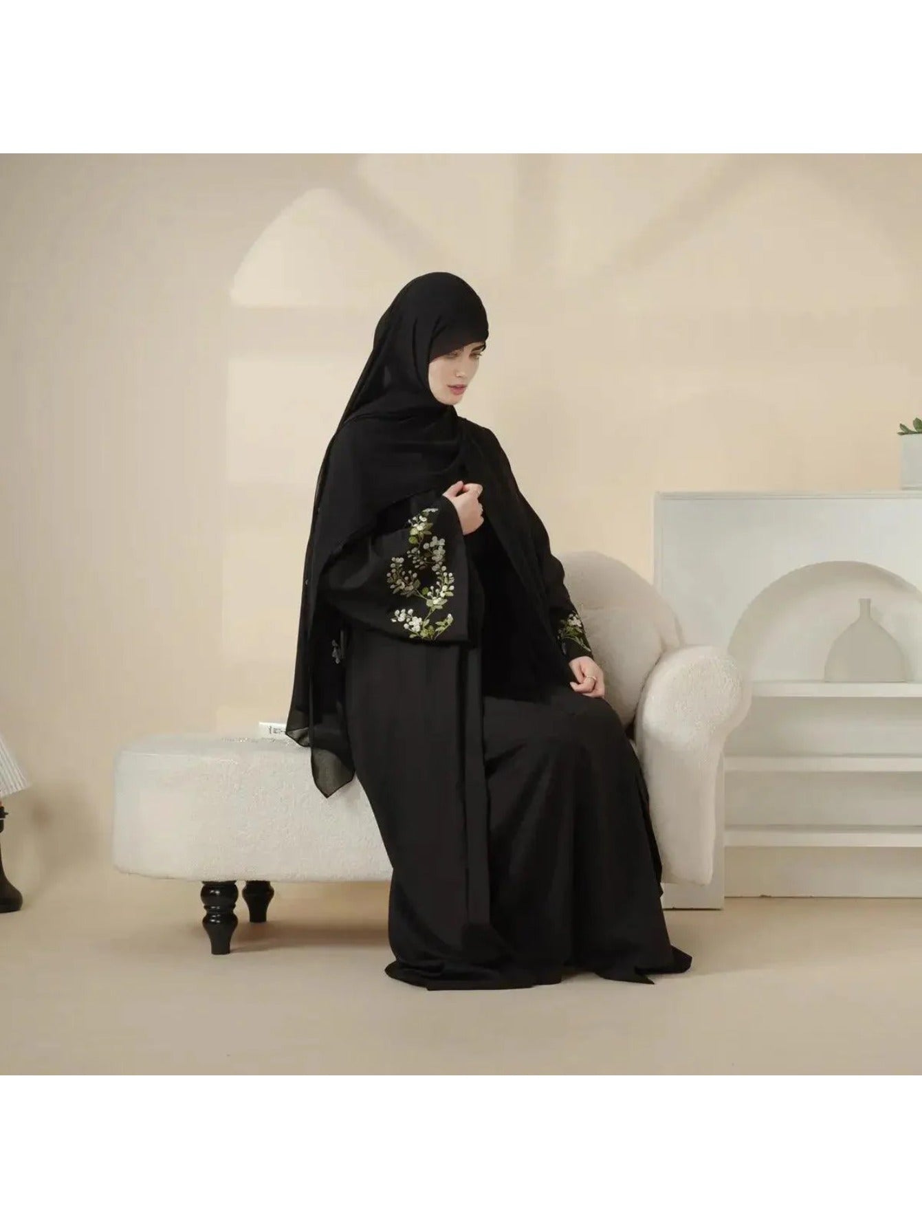 Elegant Floral Polyester 3pcs Set Abaya Gown, Open with Pocket Lining, 150G/M² Fabric Weight, Middle East Collection, for Women