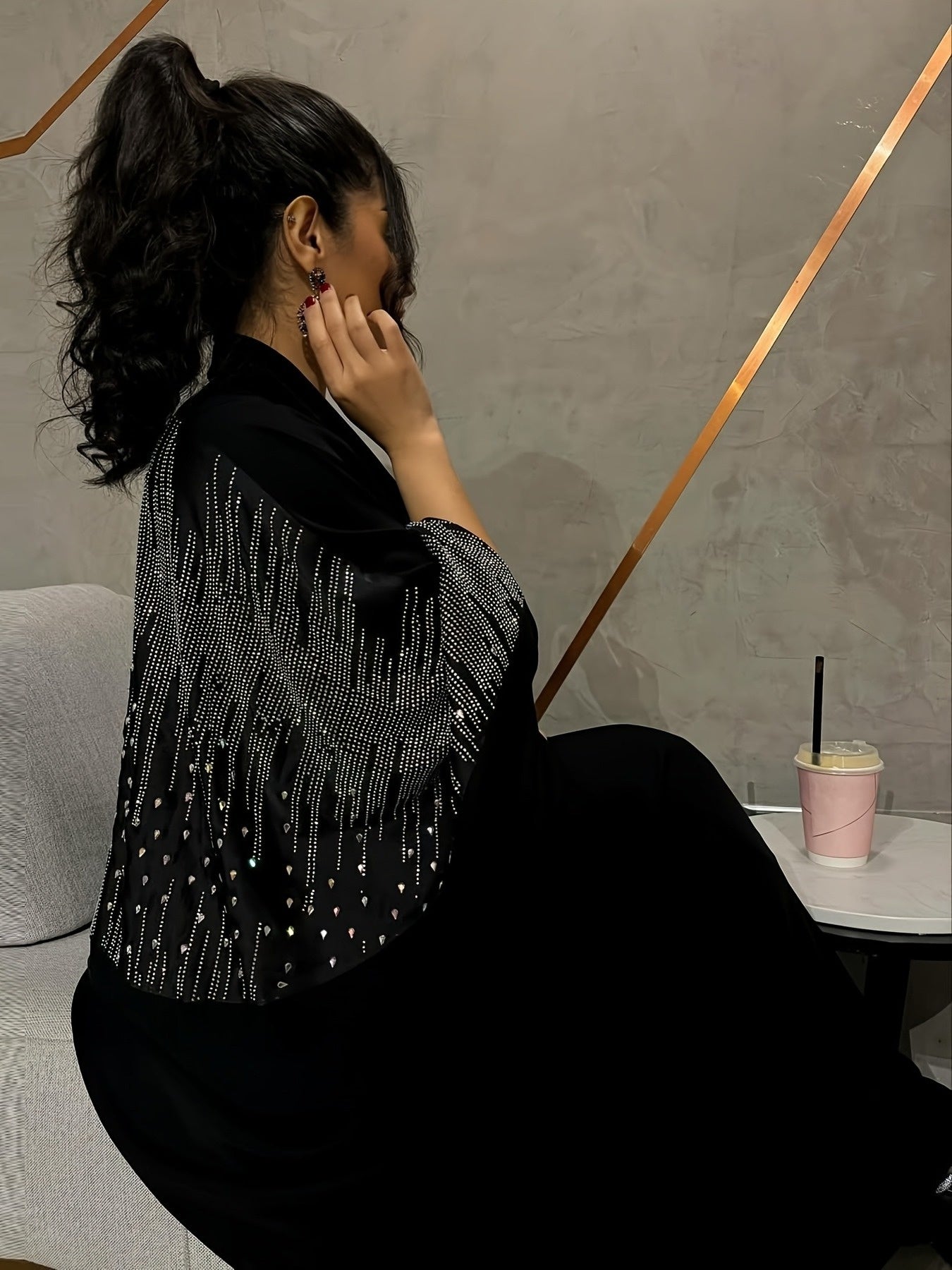Elegant Rhinestone-Embellished Batwing Sleeve Butterfly Abaya - Solid Black Modest Muslim Women's Long Robe, Machine Washable All-Season Party & Formal Evening Gown