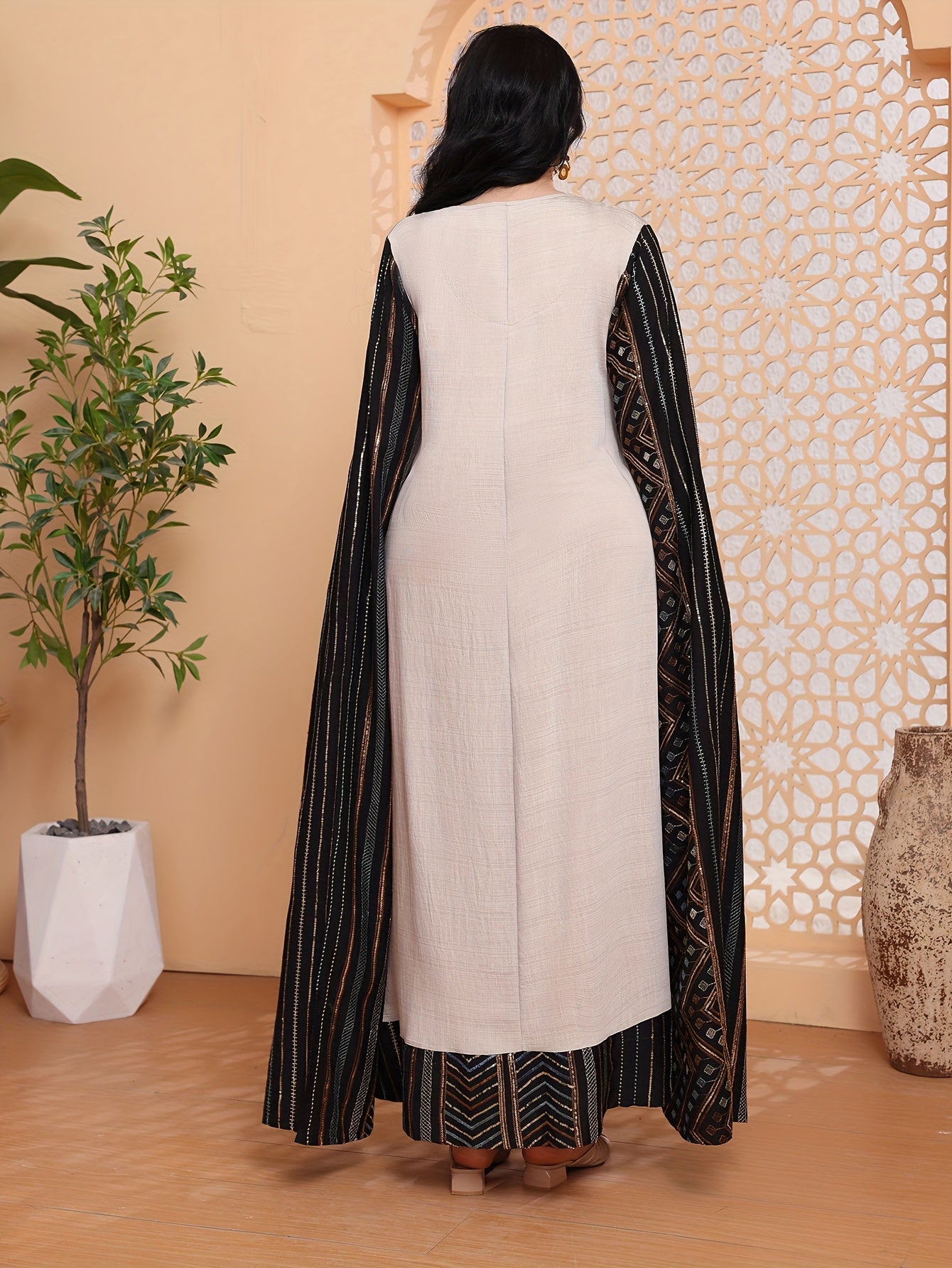 Directional Heavy-Duty Golden-Colored Beaded Embroidery Arabic Women's Elegant Kaftan Abaya with V-Neck, Majestic and Fashionable Traditional 2025 Spring/Summer