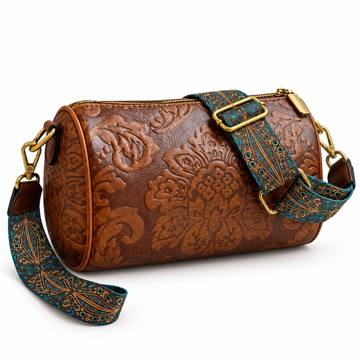 Brown Floral Embossed Barrel Vintage Crossbody Bag