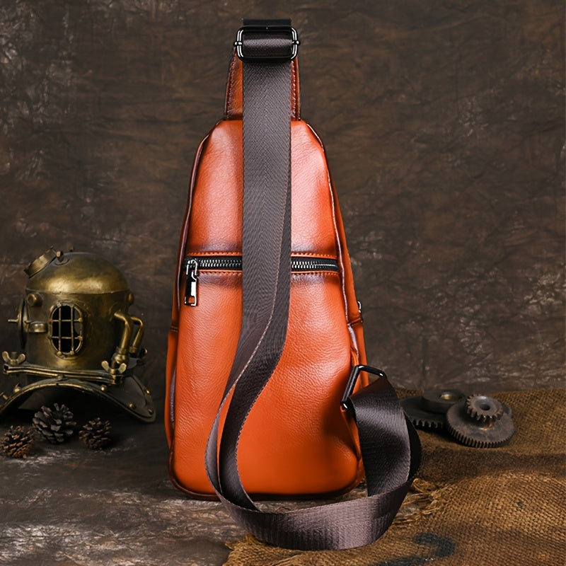 Men's Vintage Genuine Leather Chest Bag - Large Capacity Casual Messenger Shoulder Bag with Zipper Closure, Outdoor Shoulder Bag | Retro Style Bag