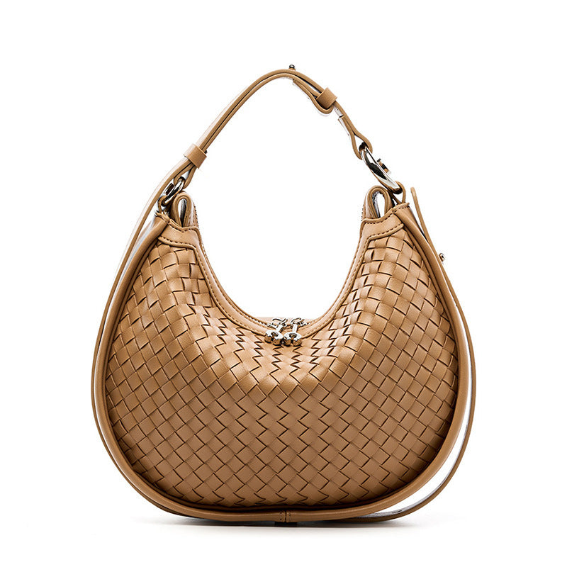 2025 New Niche Cowhide Woven Handbag for Women - Adjustable Crossbody Shoulder Bag with Zipper Closure, Vibrant Green Woven Texture