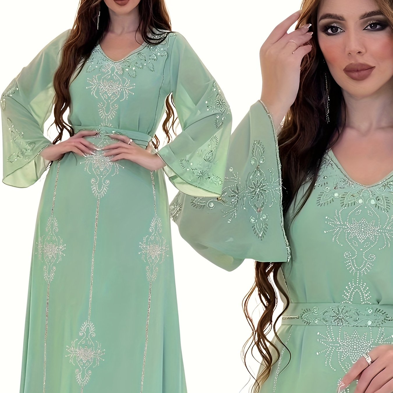 Elegant Rhinestone Embellished Chiffon Dress - Summer Long Robe for Women, Polyester, Machine Washable, Middle Eastern Style Palestinian Abaya