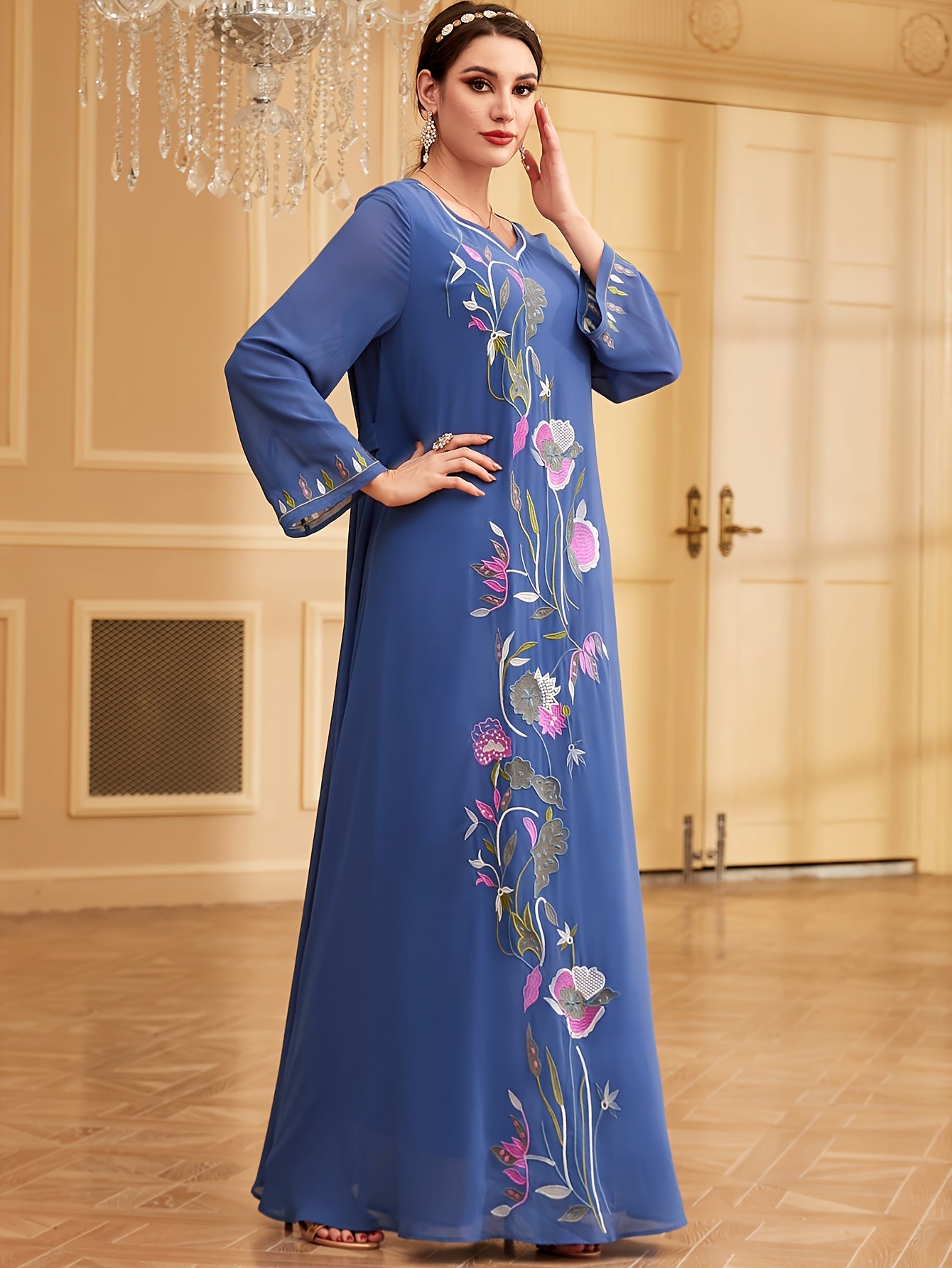Elegant Embroidered Long Sleeve Maxi Baju Abaya - Polyester, Machine Washable, Non-Stretch Fabric for Women