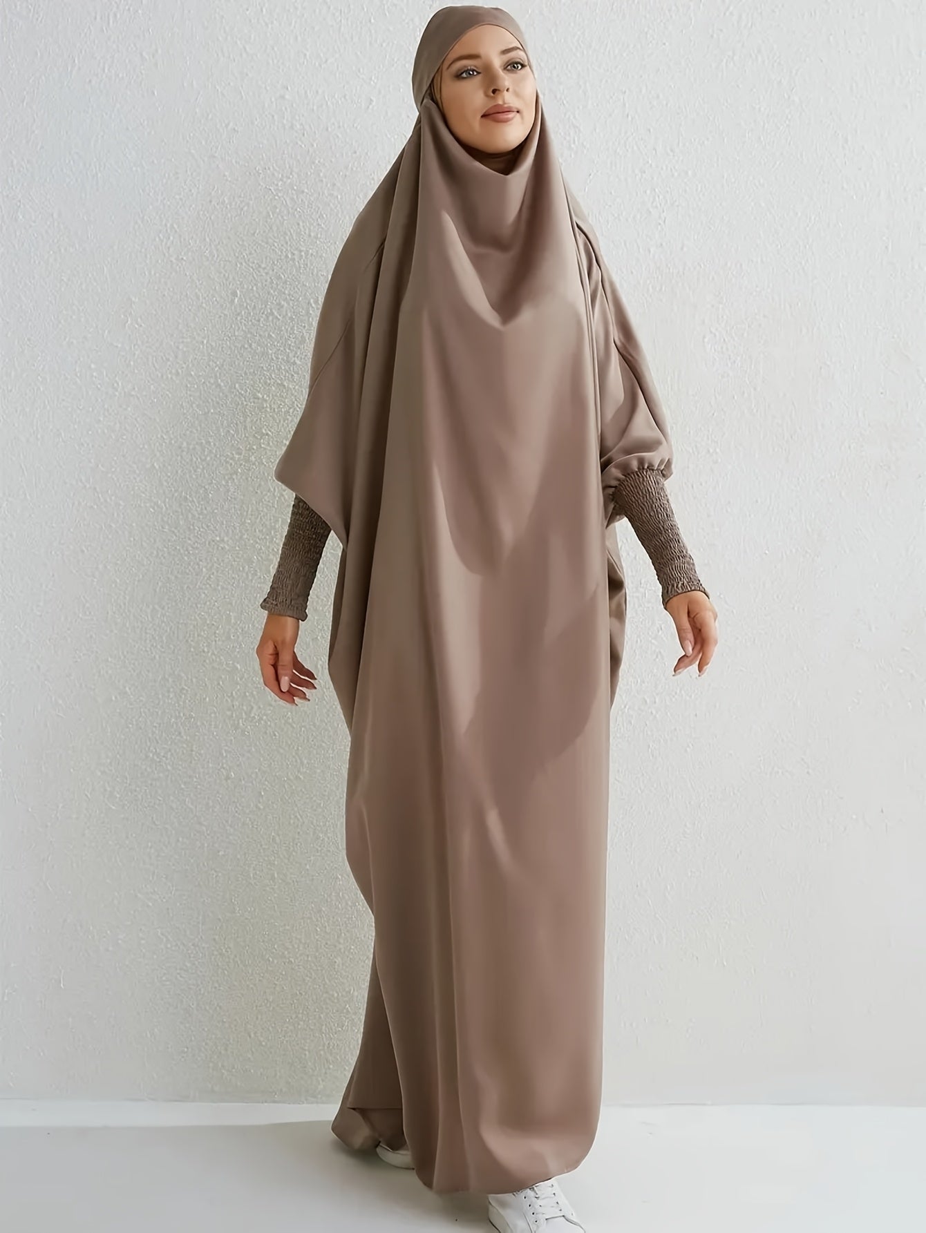 Elegant Light Pink Modesty Dress with Hijab - Women's Long Sleeve Jibab Abaya, Maxi Prayer Dress, Polyester, Non-Stretch Fabric, Machine Washable