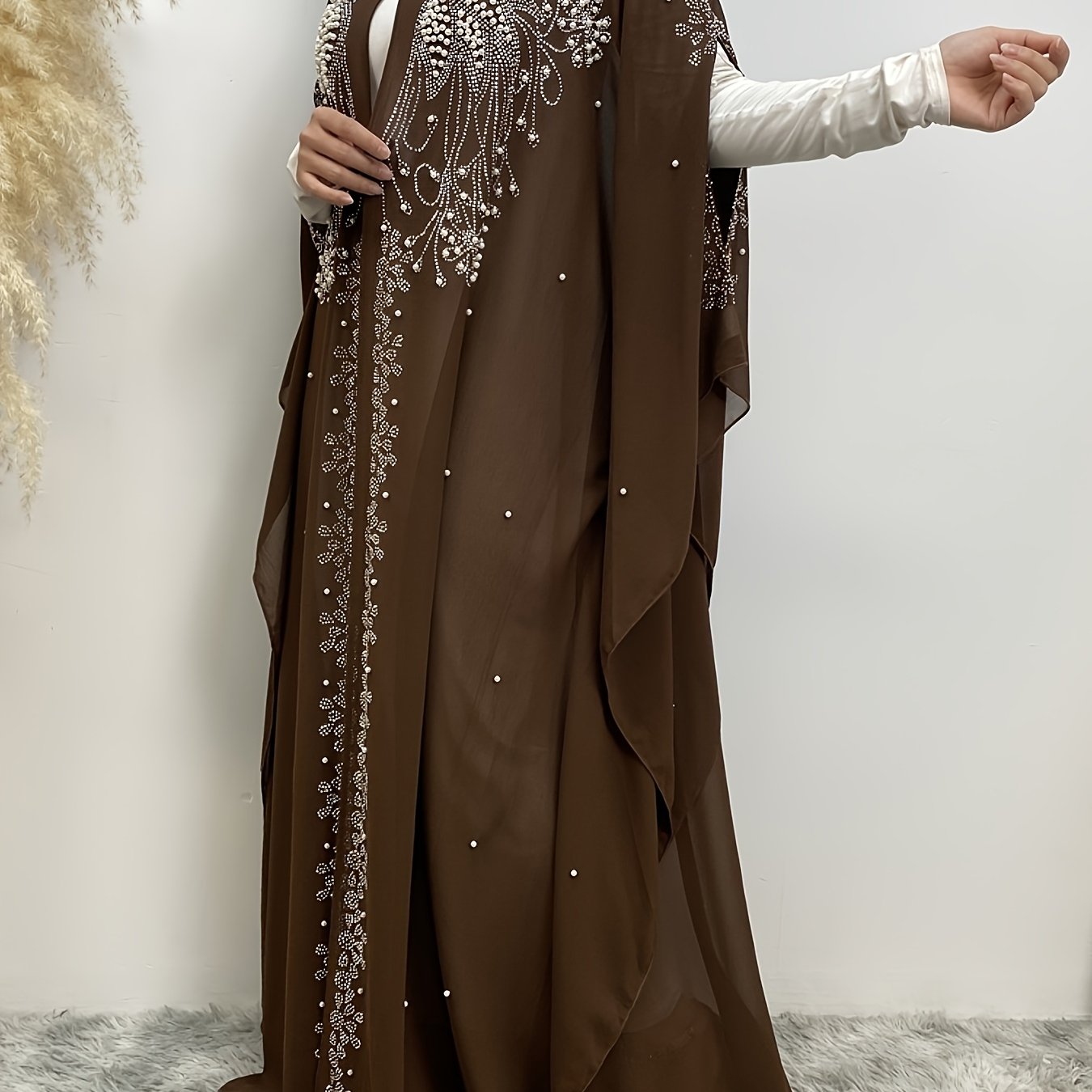 Luxury Chiffon Rhinestone-Embellished Hooded Muslim Kimono Abaya with Batwing Sleeves - Long Formal Party Gown, Machine Washable Elegant Modest Evening Dress for Spring/Summer
