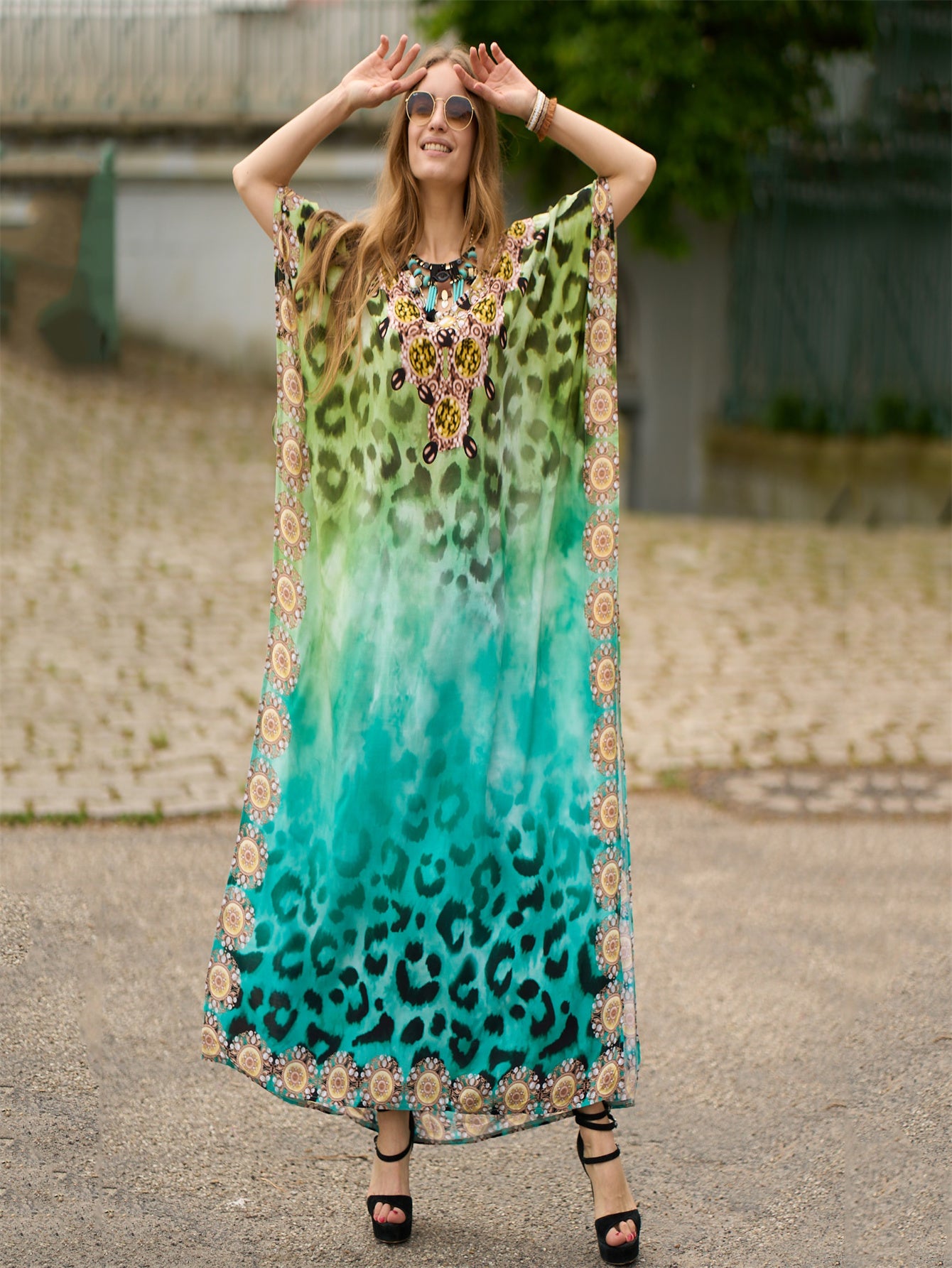 Women's Rayon Bohemian Beach Cover-Up Dress - Loose Fit Batwing Sleeve Turkish Kaftan with Striped Print, Round Neck Long Dress for Poolside, Vacation & Home Wear, Spring Summer Fall, Summer Cover Clothing