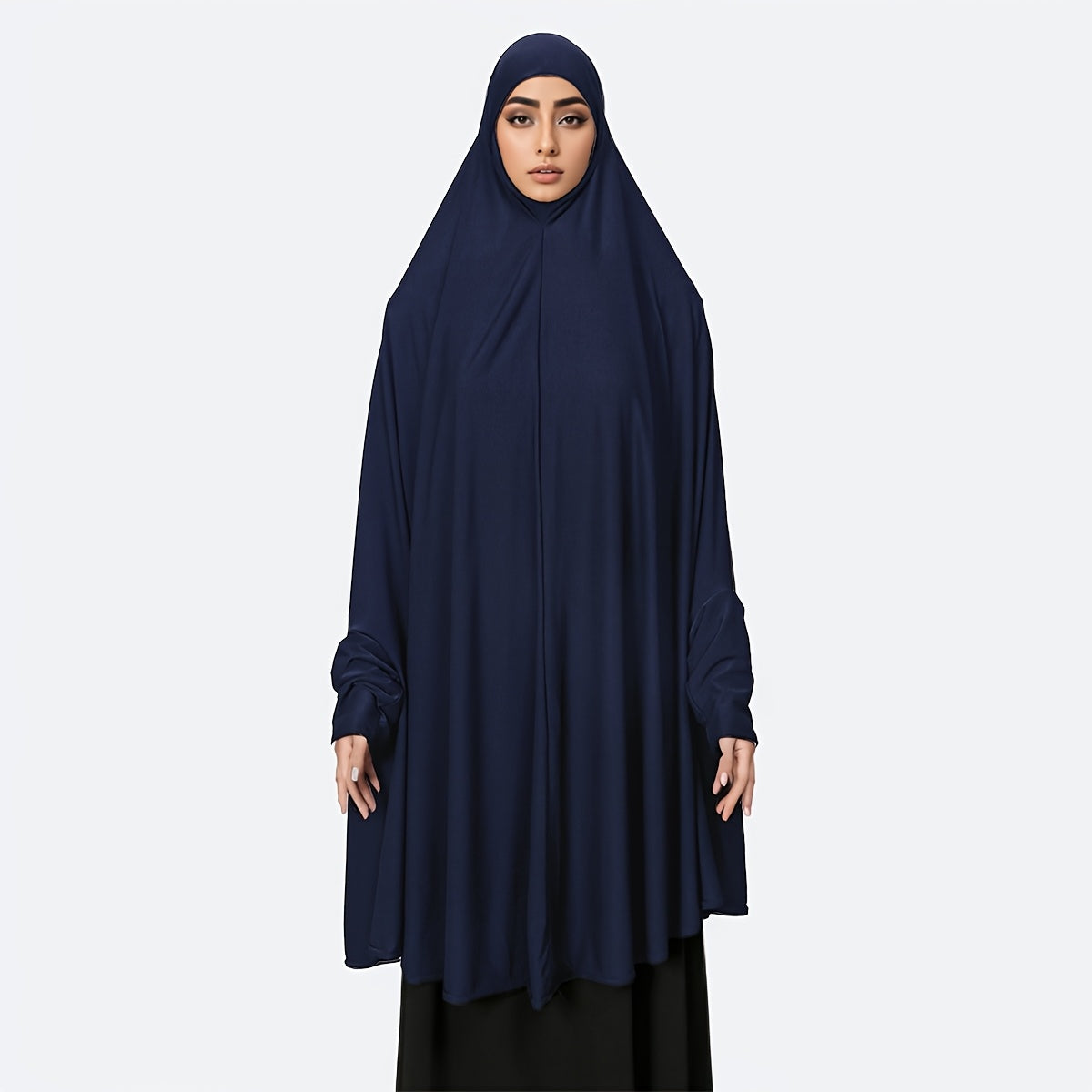 Women's Navy Blue Sleeveless Robe-Style Headscarf - Classic Loose Fit Breathable Jibab Abaya, Machine Washable Versatile Cover-Up for Casual & Formal Outings, Hijab Accessories, Modest Apparel, Decorative Pin Feature, Smooth Texture