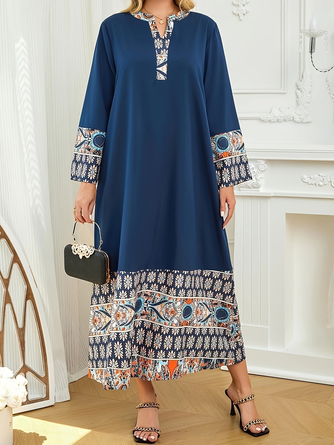 Elegant Muslim Kaftan Abaya Dress | Middle Eastern-Inspired Ethnic Floral Print with Blue/Orange/White/Black, Asymmetrical Hem & Lace Trim, X-Line Silhouette, Adjustable Waist Tie for Modest Women