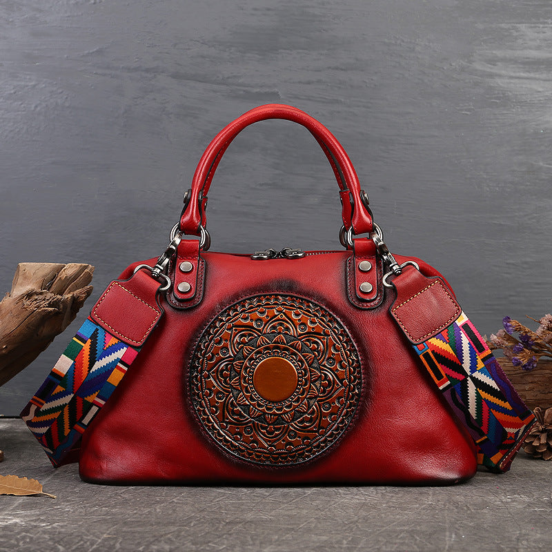Women's Genuine Leather Satchel Business Handbag - Light Brown Geometric Retro Totem Design, Large Capacity Convertible Shoulder/Handbag with Adjustable Strap