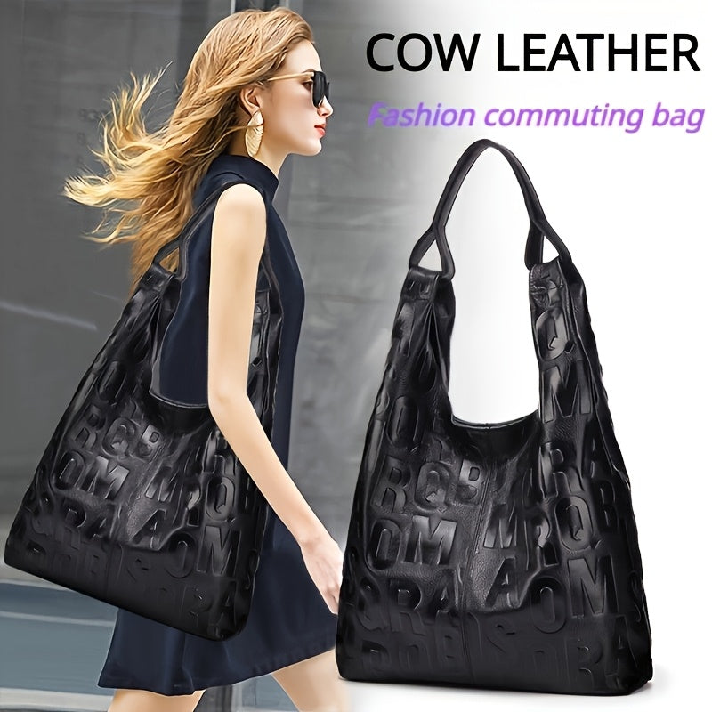 Black Cowhide Handbag, Large Capacity Messenger Bag Waterproof, Commuting Style Leather Tote Bag